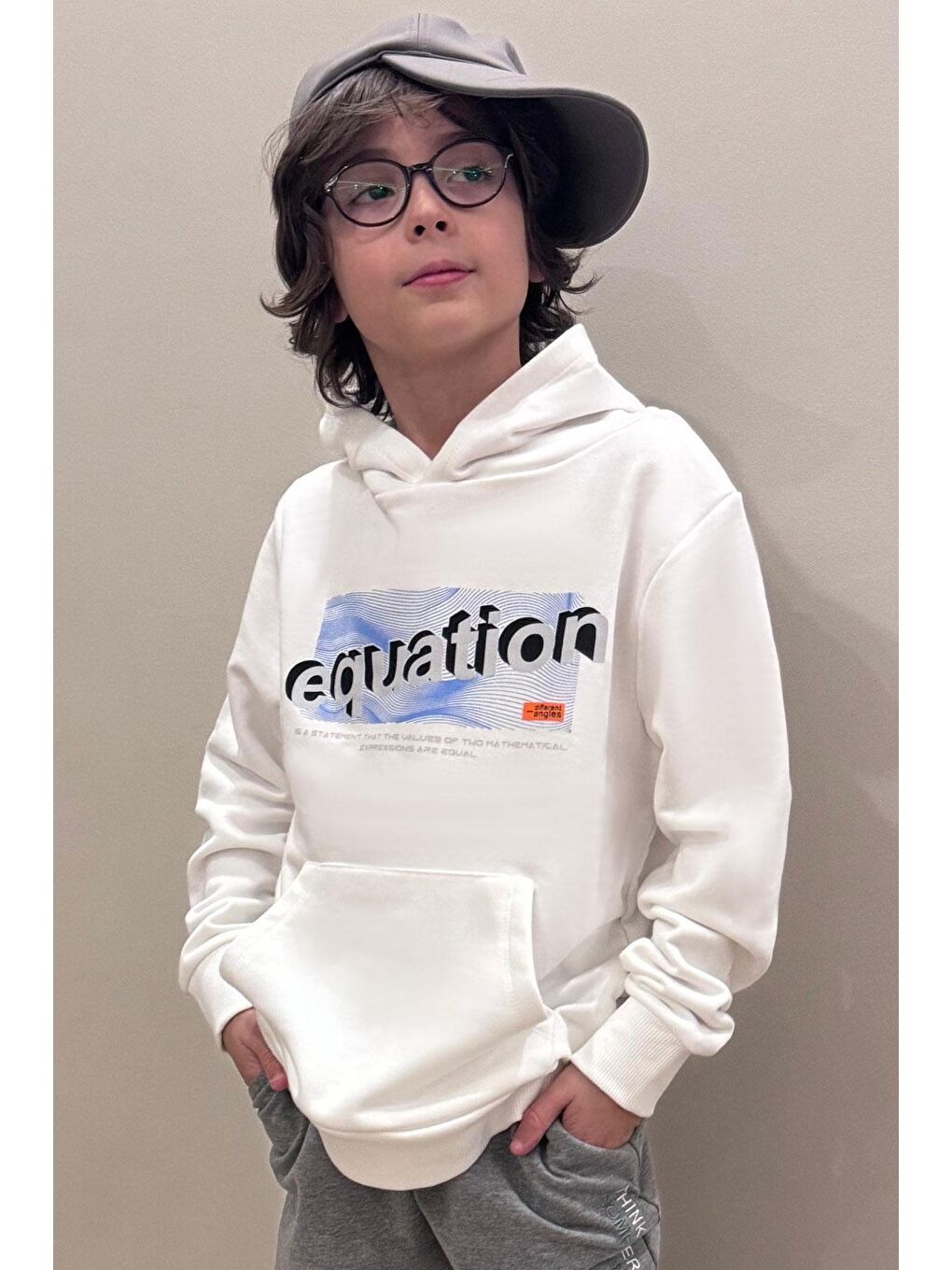 Erkek Çocuk Sweatshirt Yazı Baskılı Kanguru Cepli Kapüşonlu Beyaz (8-14 Yaş)-2