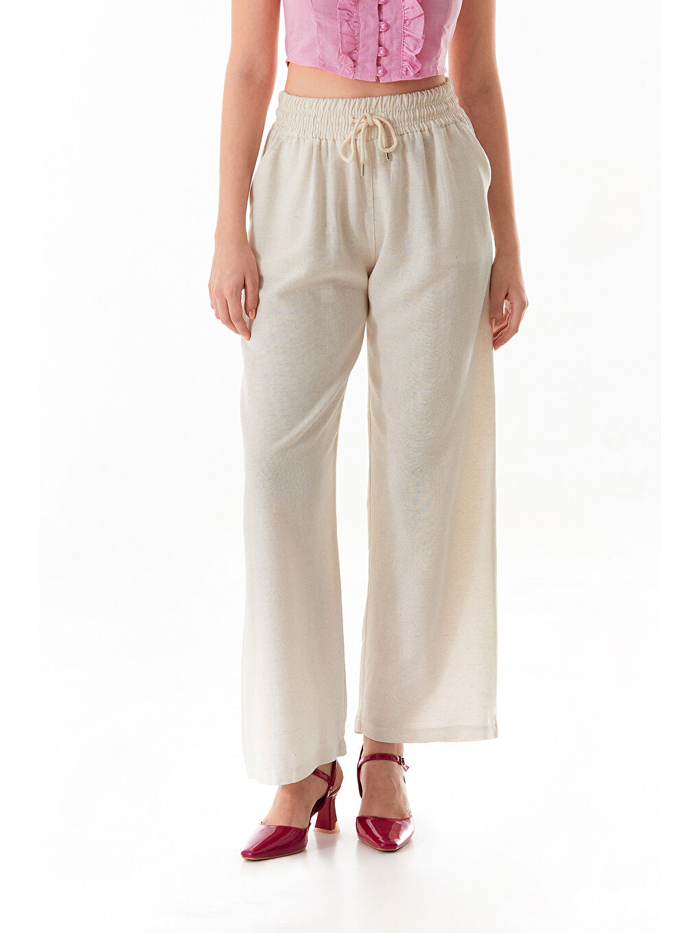 Bej Beli Lastikli Bağlamalı Keten Pantolon-2
