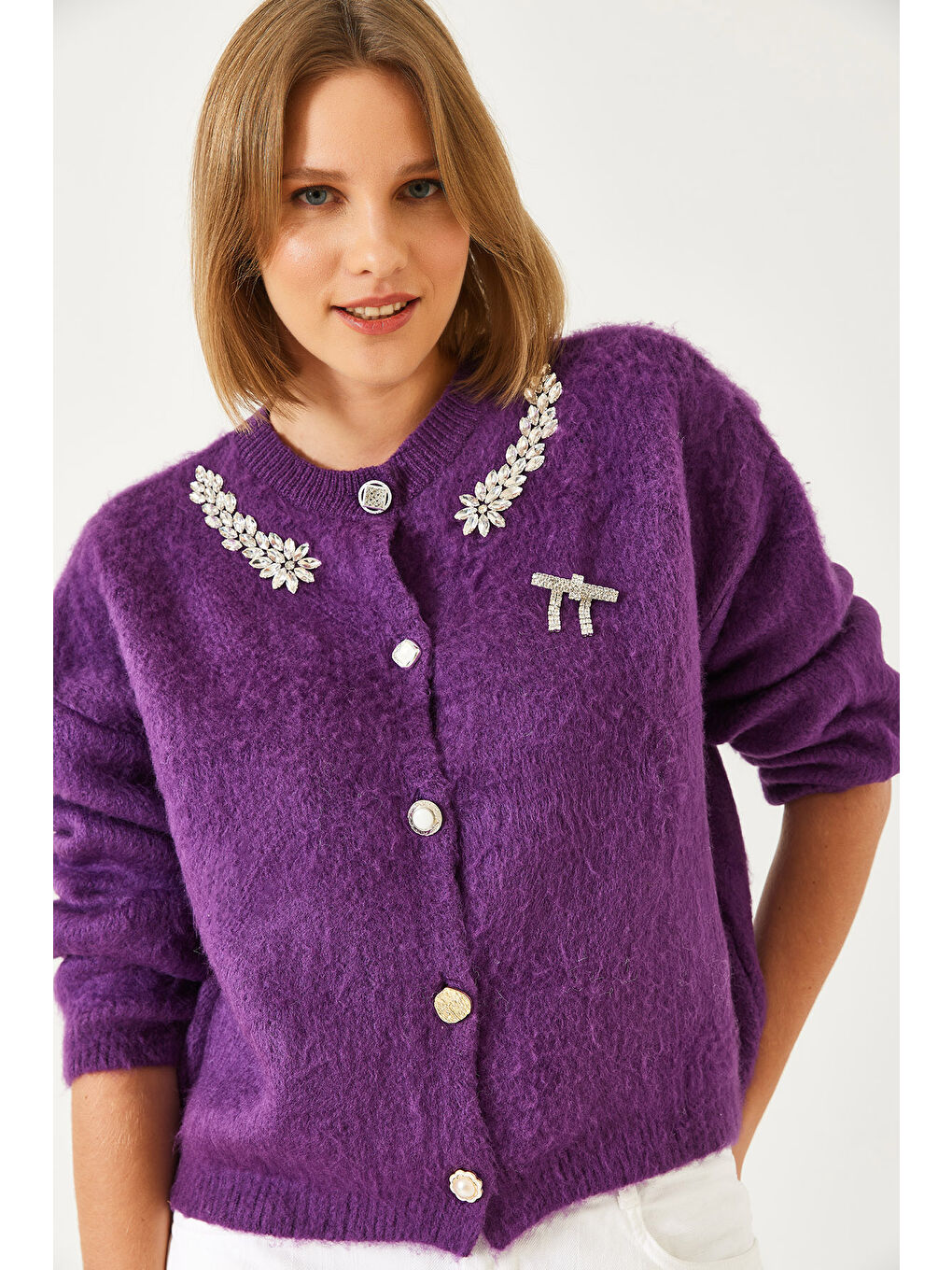 Mor Kadın Yakası Taşlı Şardonlu Triko Hırka