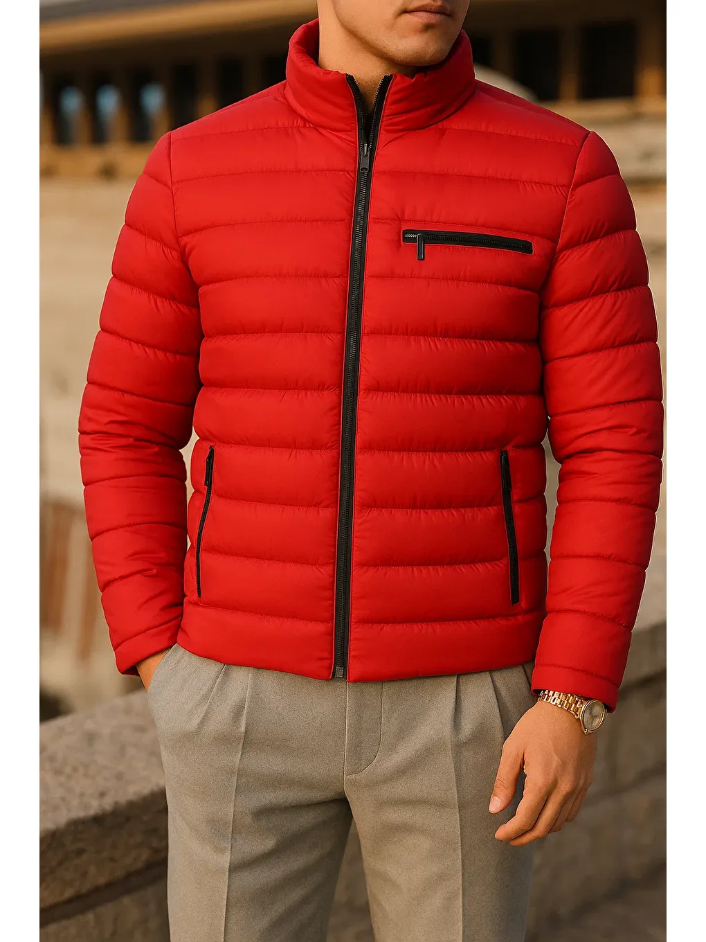 Erkek Kışlık Comfort Trend Günlük Kırmızı Şişme Mont-1