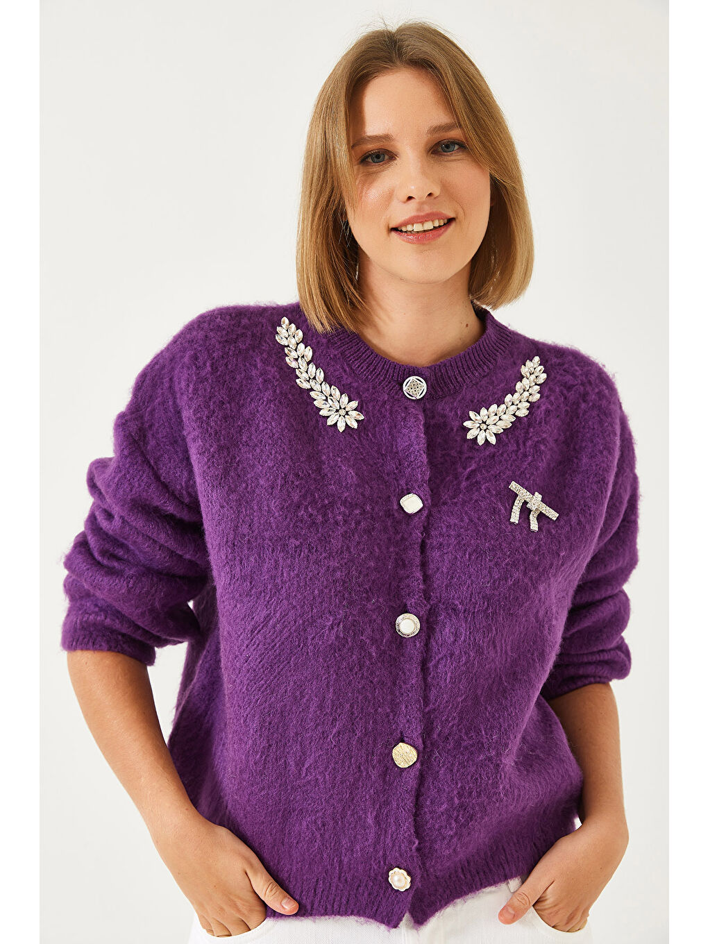 Mor Kadın Yakası Taşlı Şardonlu Triko Hırka-1