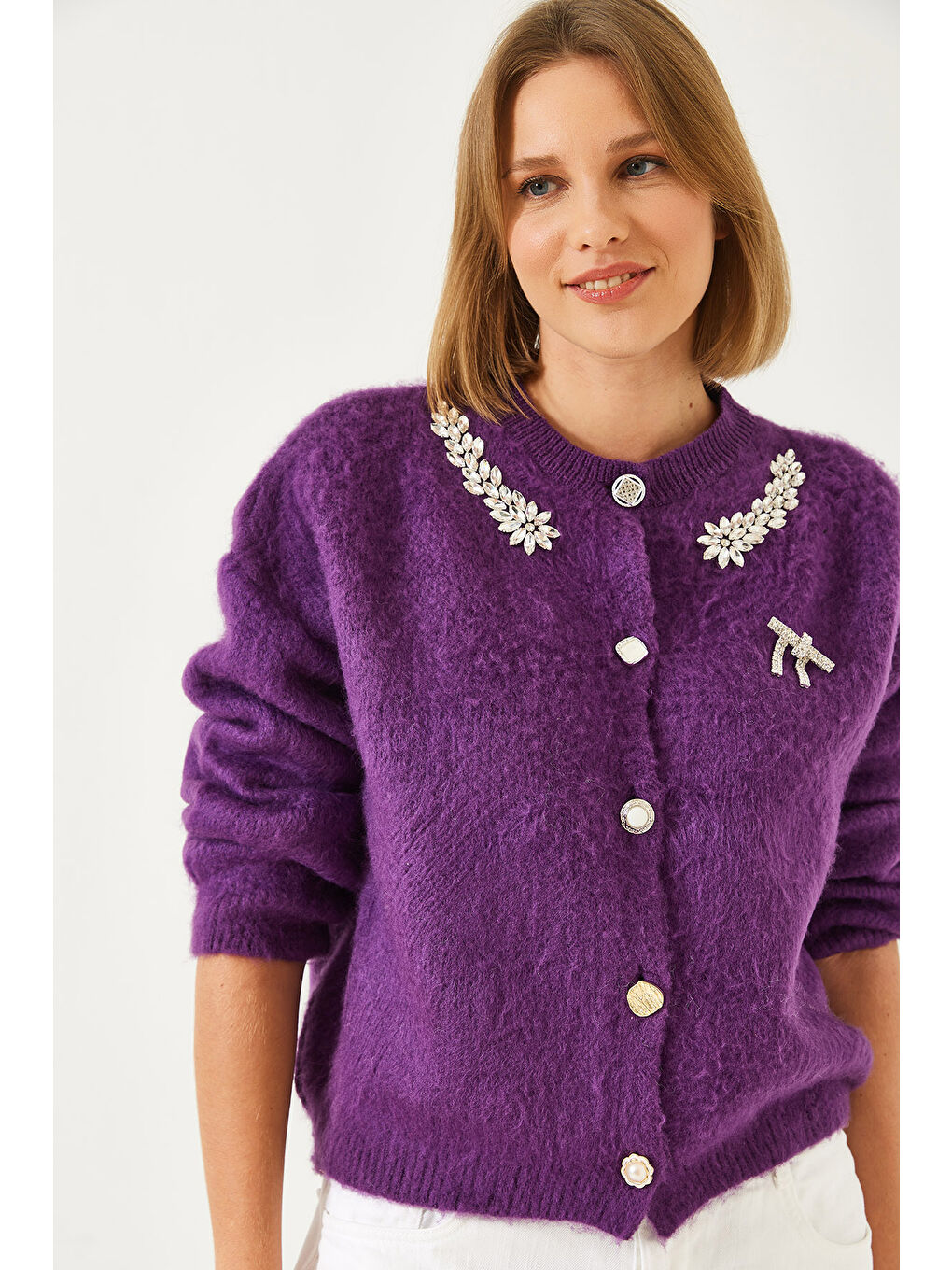 Mor Kadın Yakası Taşlı Şardonlu Triko Hırka-2