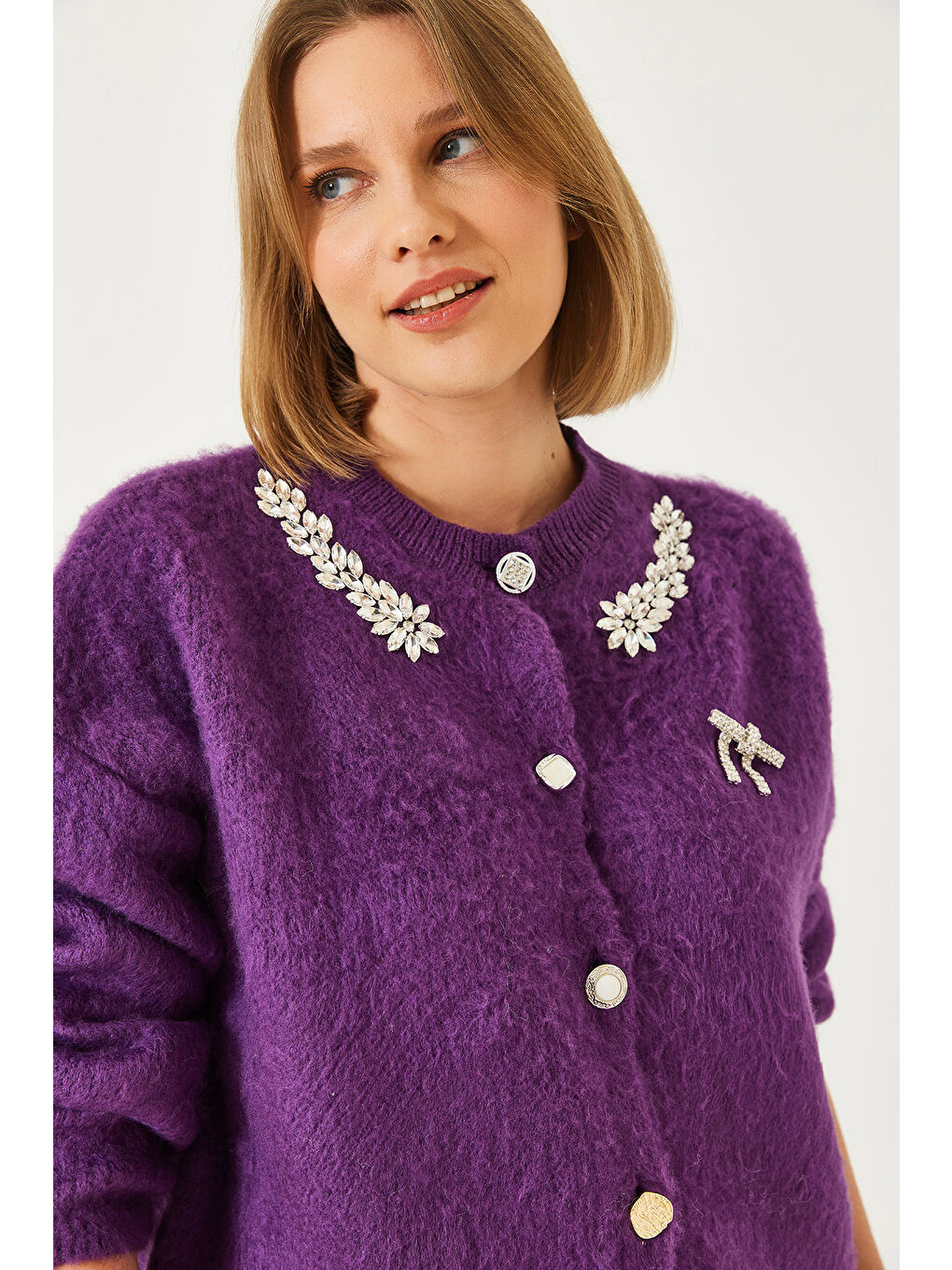 Mor Kadın Yakası Taşlı Şardonlu Triko Hırka-3