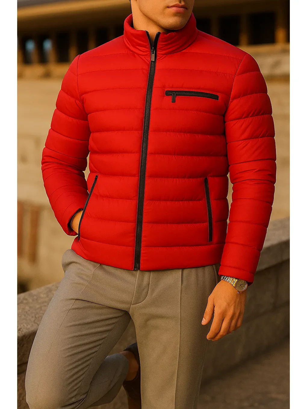 Erkek Kışlık Comfort Trend Günlük Kırmızı Şişme Mont-2