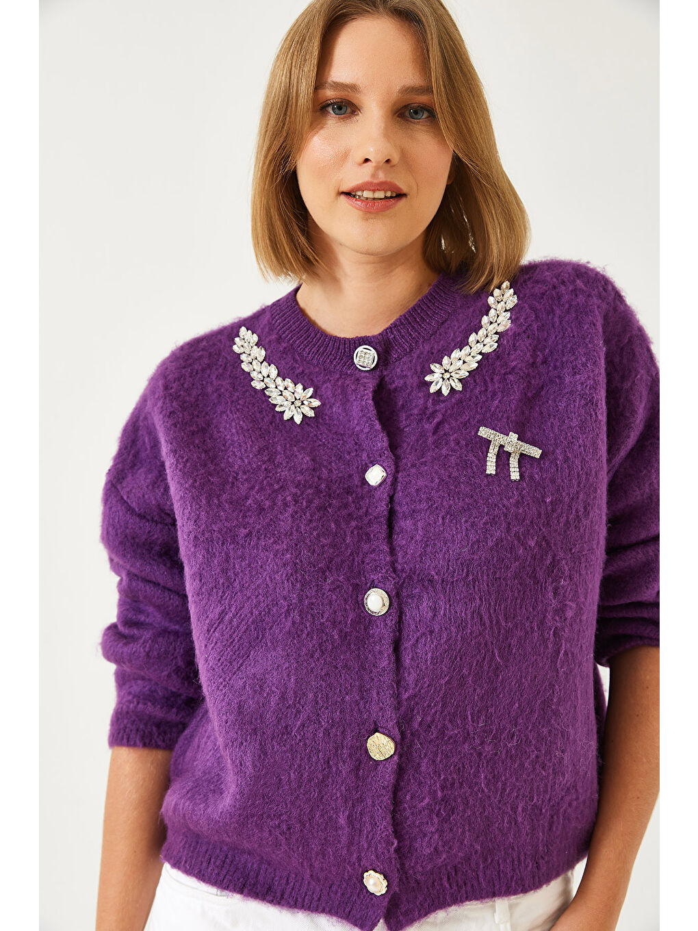 Mor Kadın Yakası Taşlı Şardonlu Triko Hırka-4