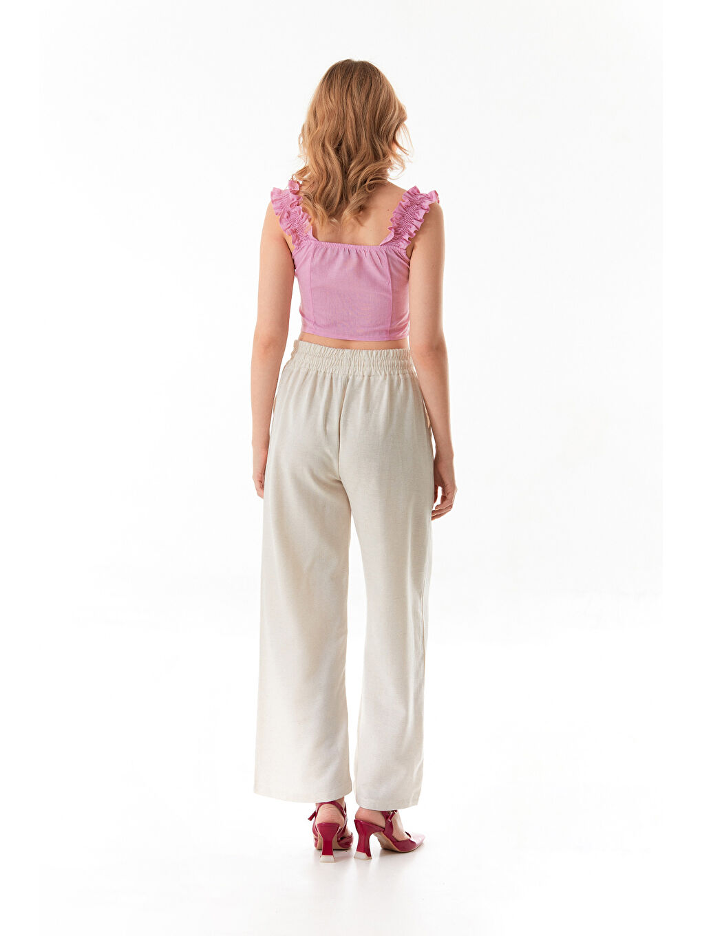 Bej Beli Lastikli Bağlamalı Keten Pantolon-3