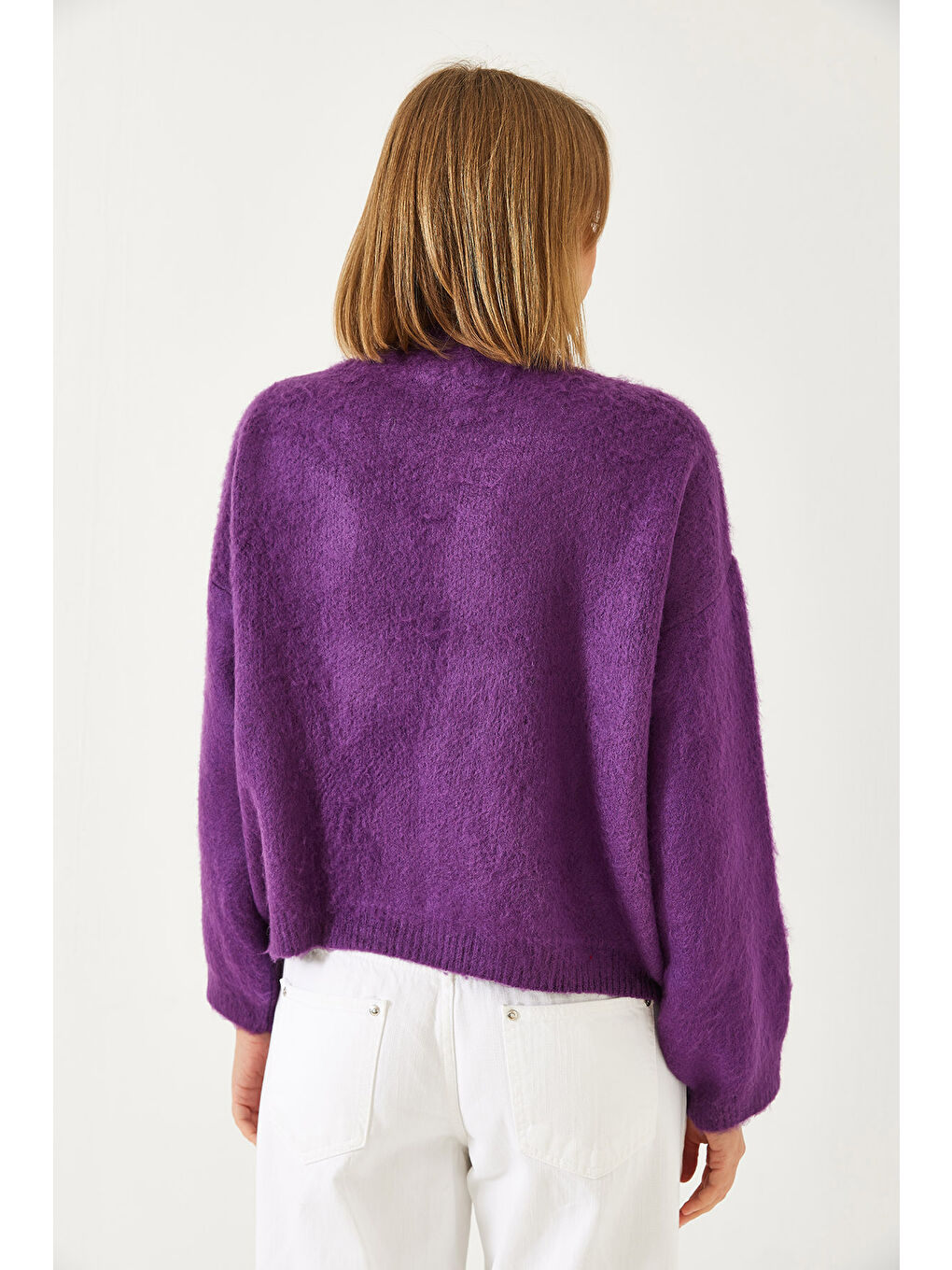 Mor Kadın Yakası Taşlı Şardonlu Triko Hırka-5