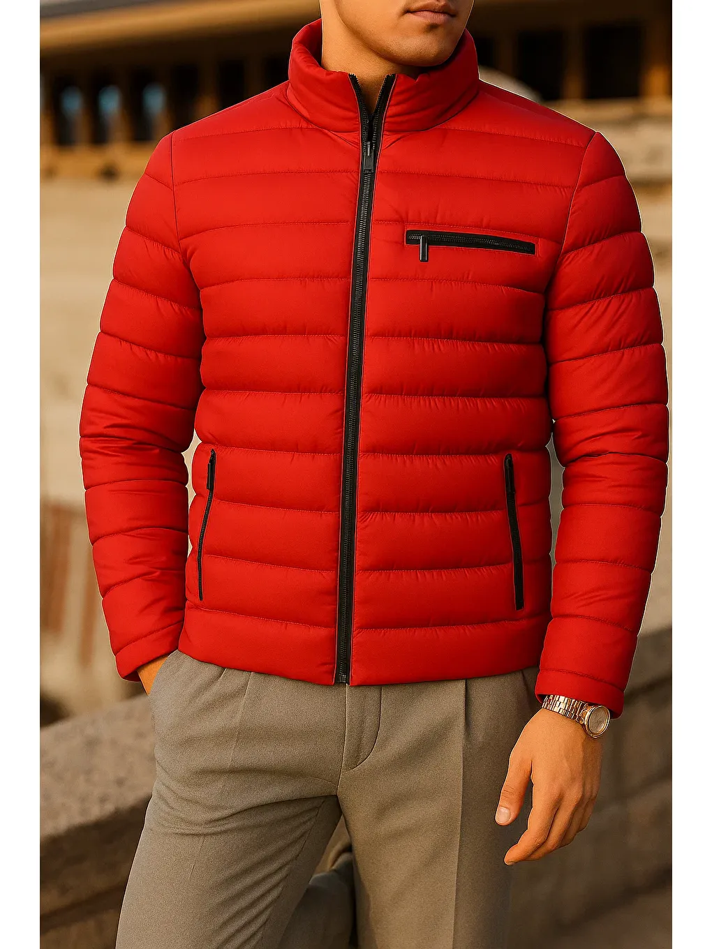 Erkek Kışlık Comfort Trend Günlük Kırmızı Şişme Mont-3