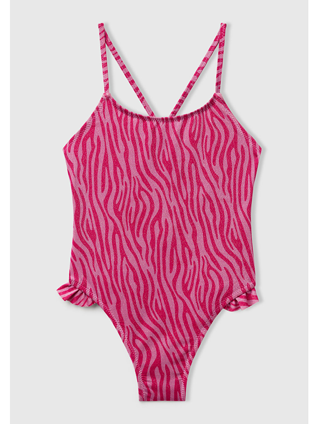 Kız Çocuk Fuşya Simli Desenli Fırfır Detaylı Çapraz Askılı Mayo