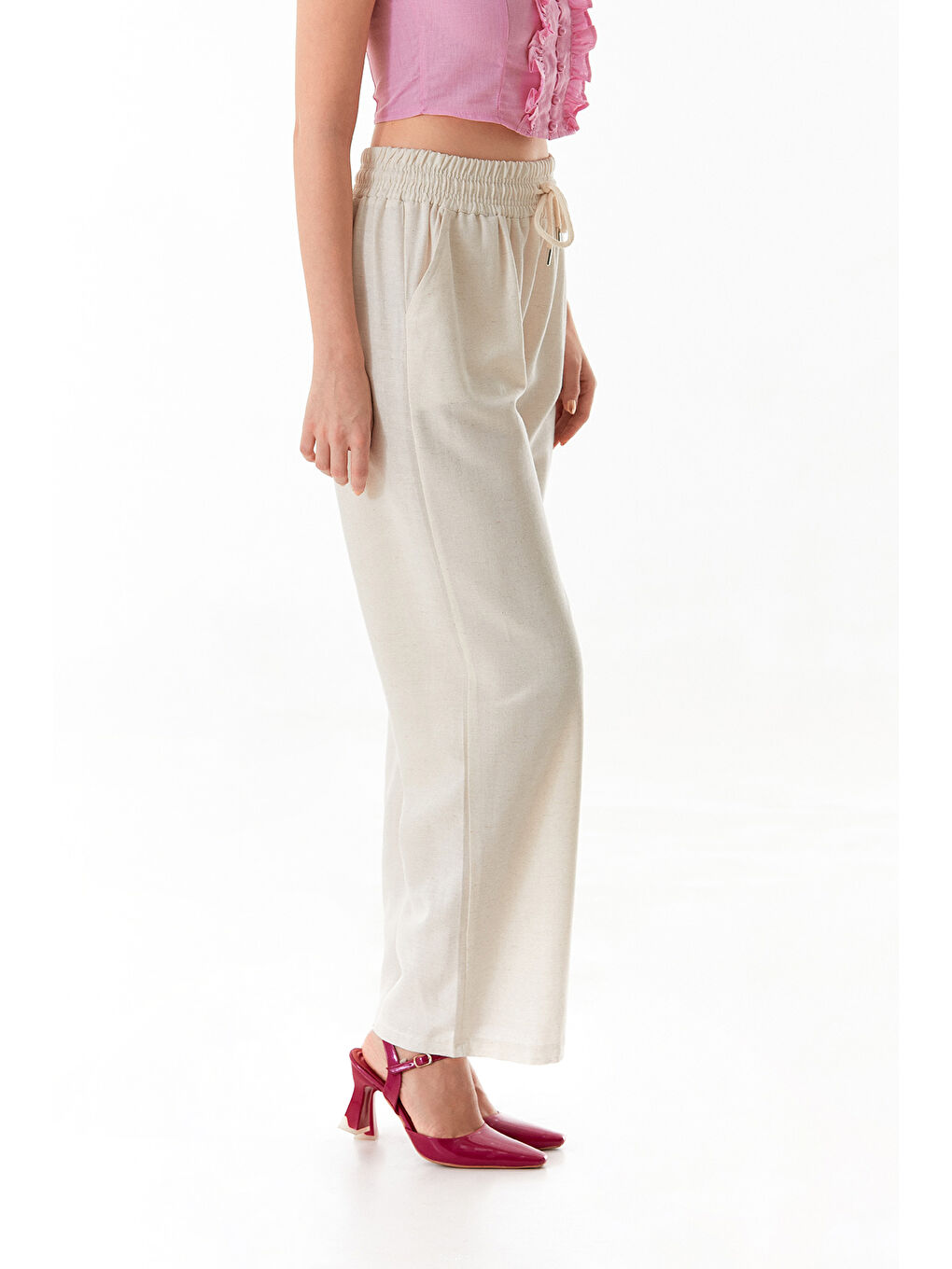 Bej Beli Lastikli Bağlamalı Keten Pantolon-4
