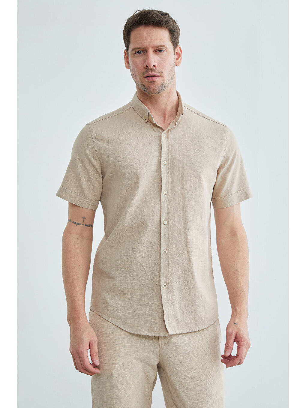 Bej Keten Görünümlü Kısa Kol Gömlek-2