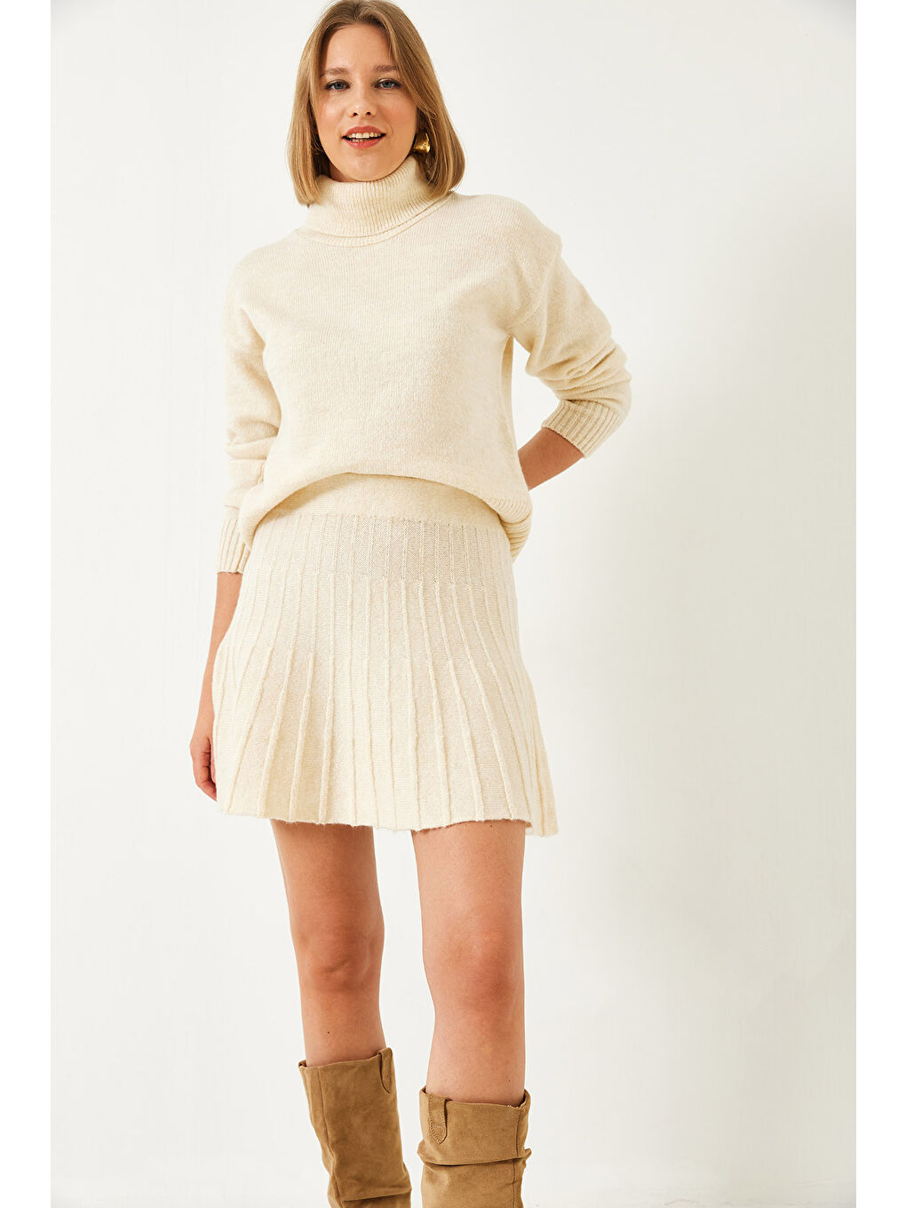 Bej Kadın Etekli Triko Alt Üst Takım-1