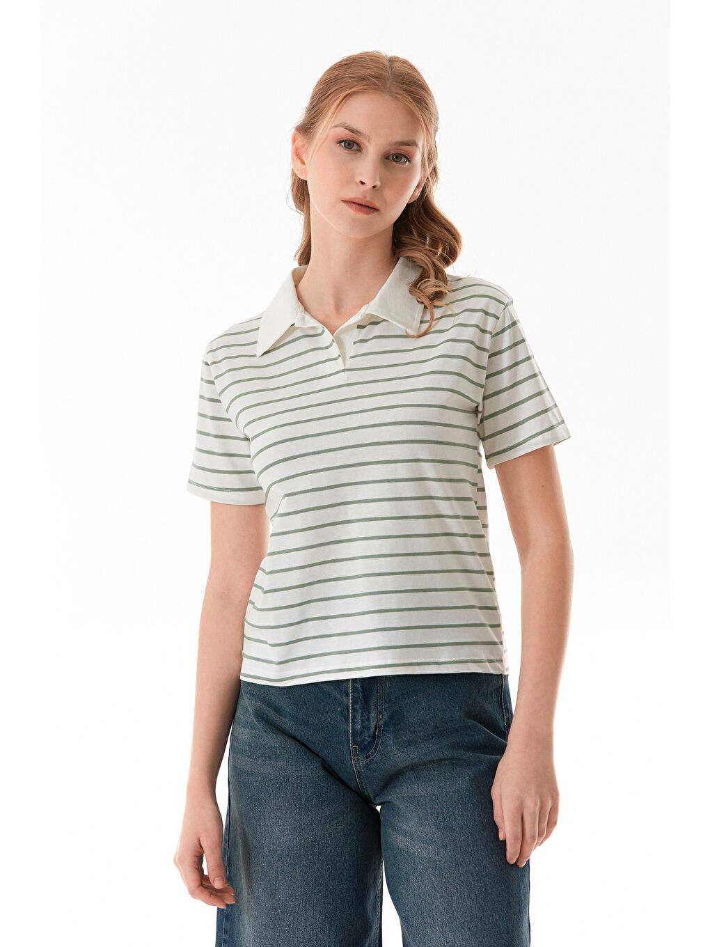 Turkuaz Çizgili polo Yaka Tişört-4