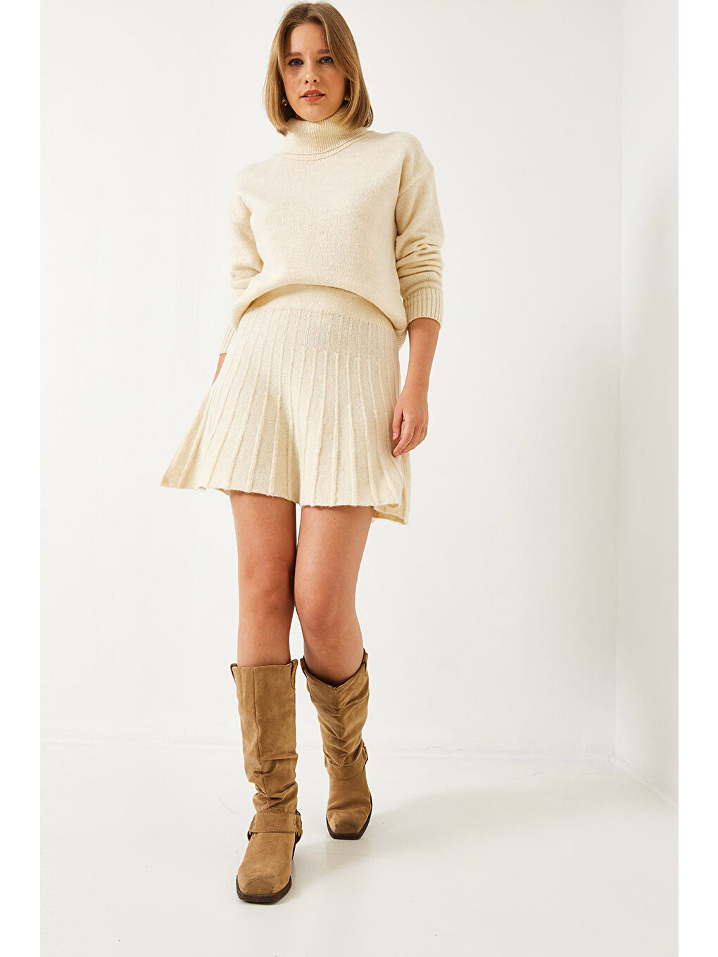 Bej Kadın Etekli Triko Alt Üst Takım-4