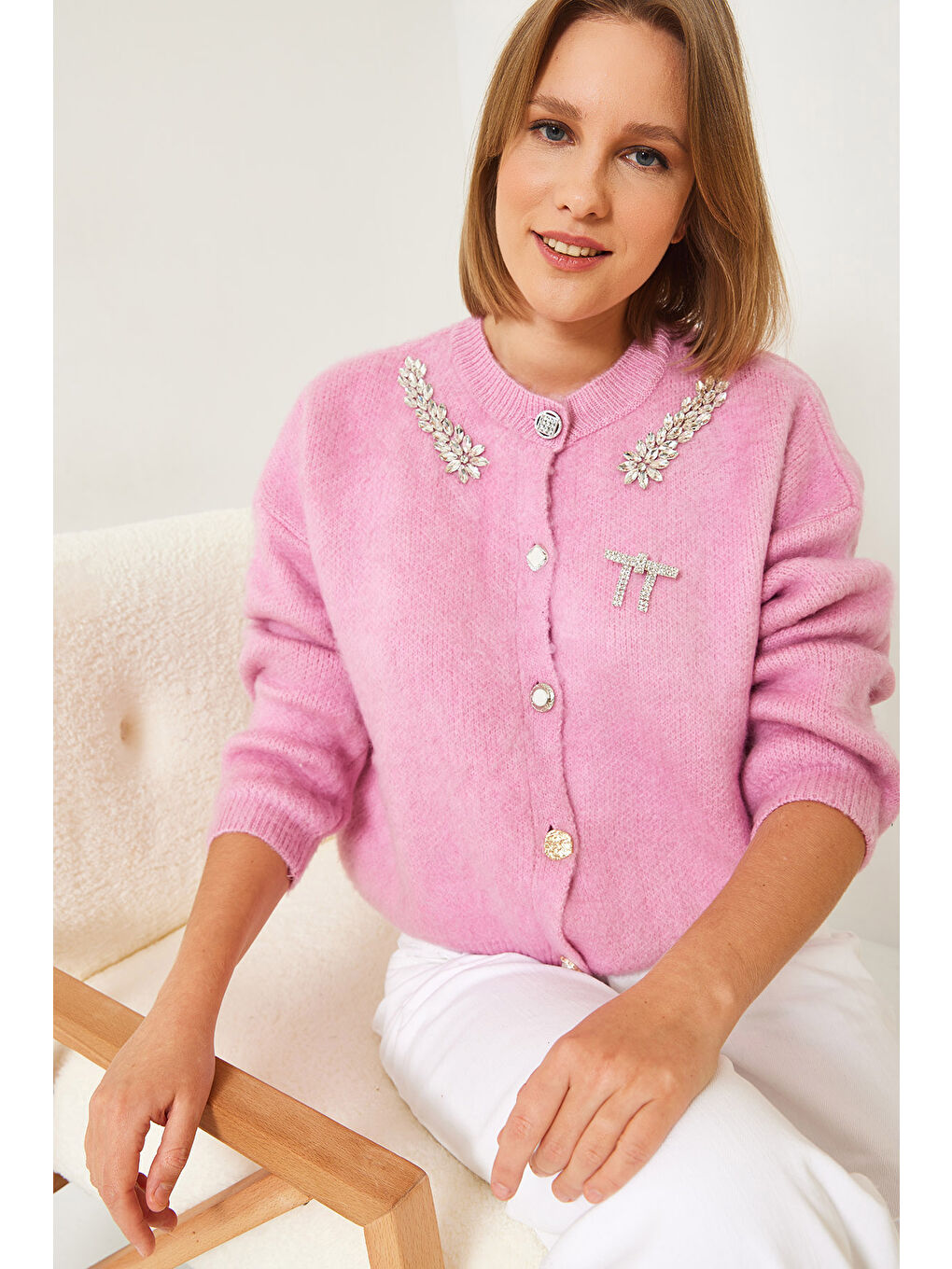 Pembe Kadın Yakası Taşlı Şardonlu Triko Hırka-2
