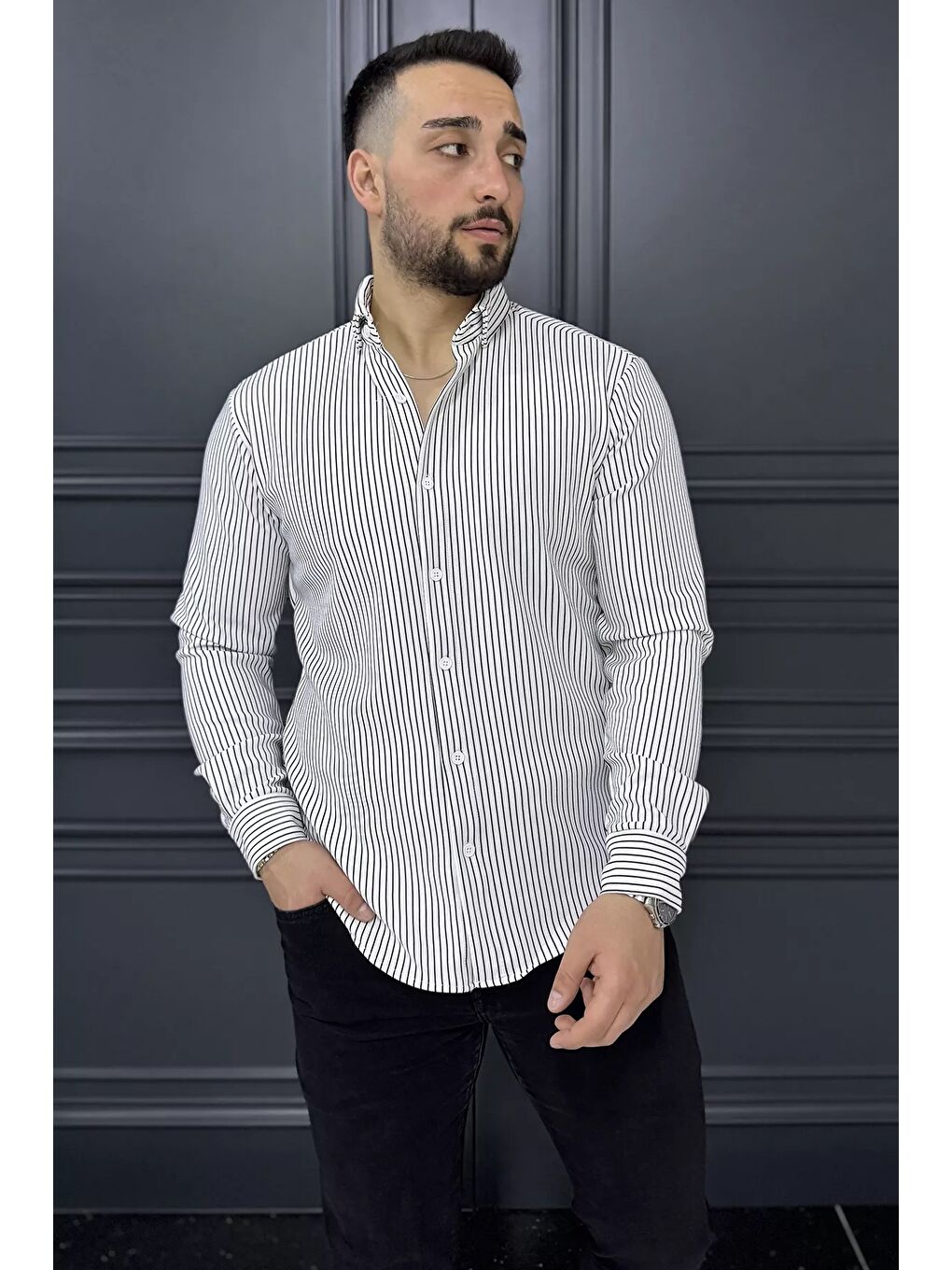 Ekru Çizgi Desenli Erkek Uzun Kol Gömlek-1
