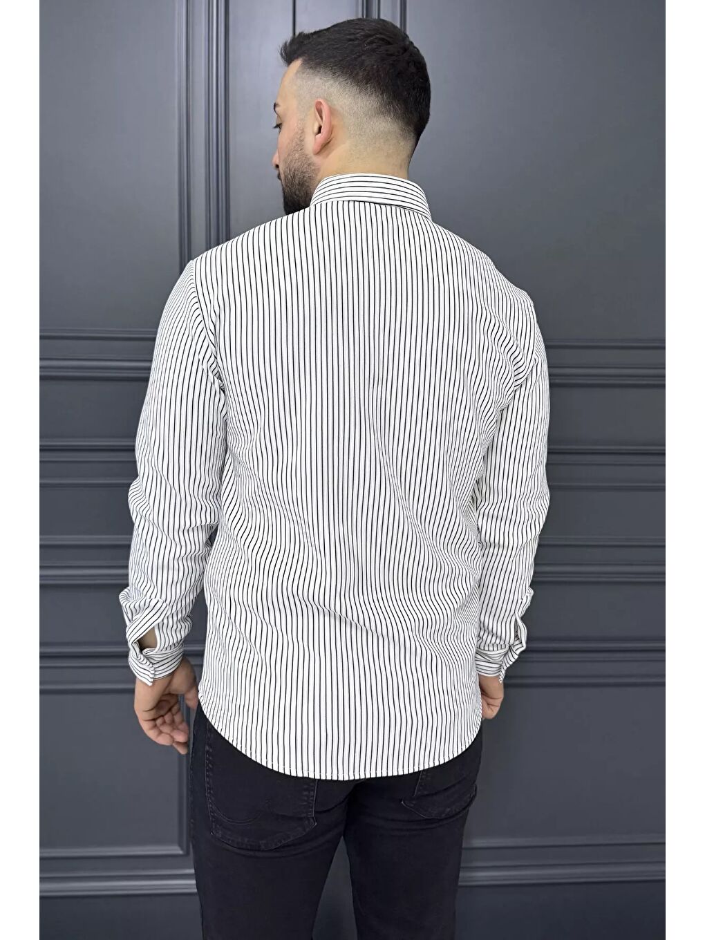 Ekru Çizgi Desenli Erkek Uzun Kol Gömlek-2