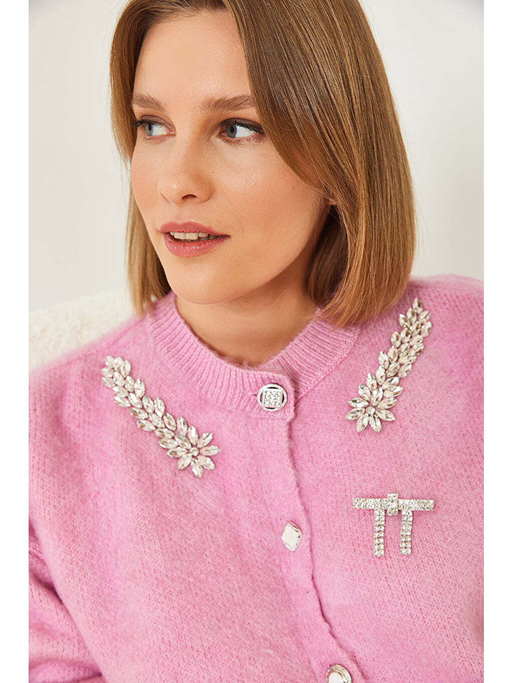 Pembe Kadın Yakası Taşlı Şardonlu Triko Hırka-4