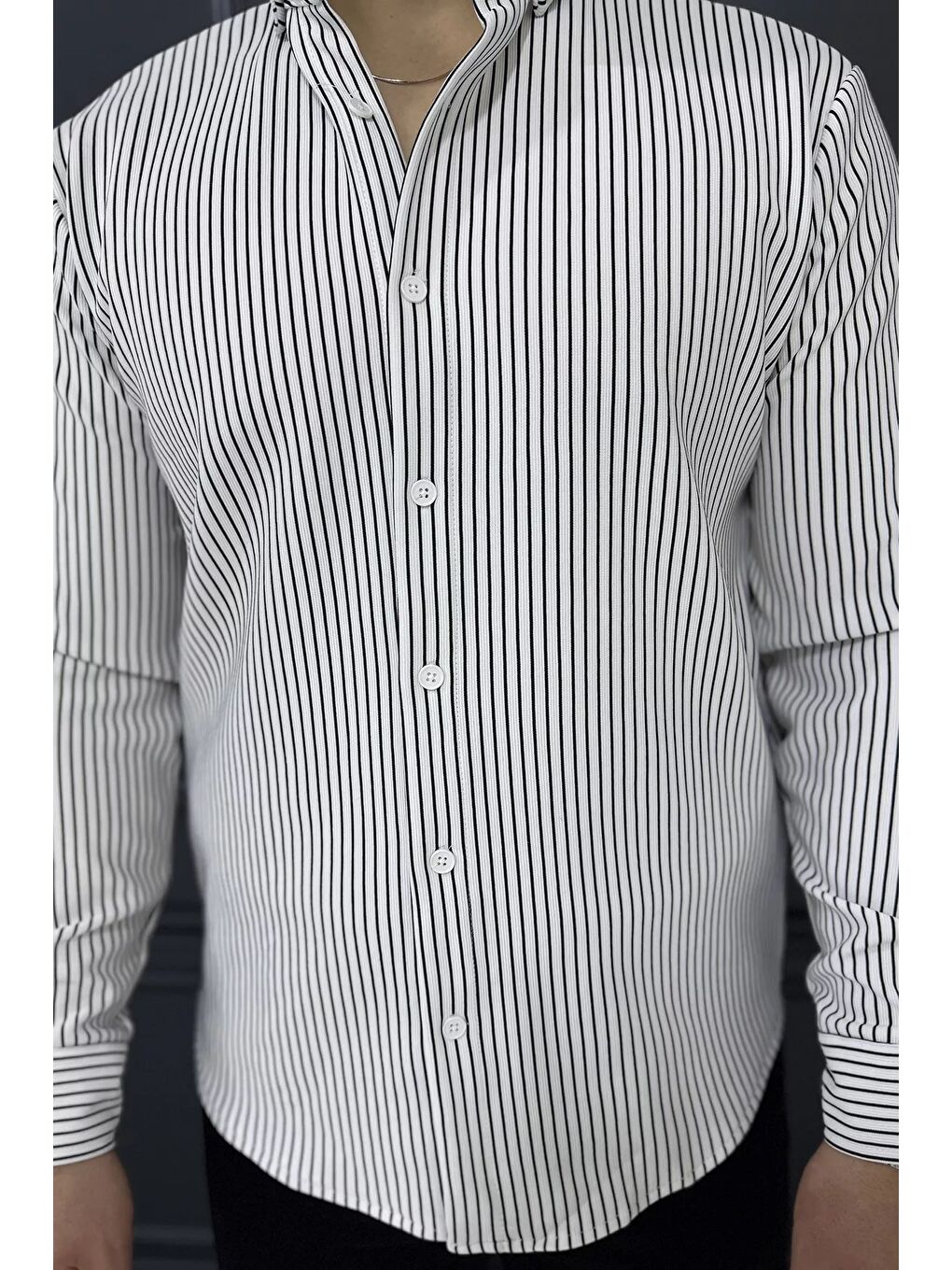 Ekru Çizgi Desenli Erkek Uzun Kol Gömlek-3
