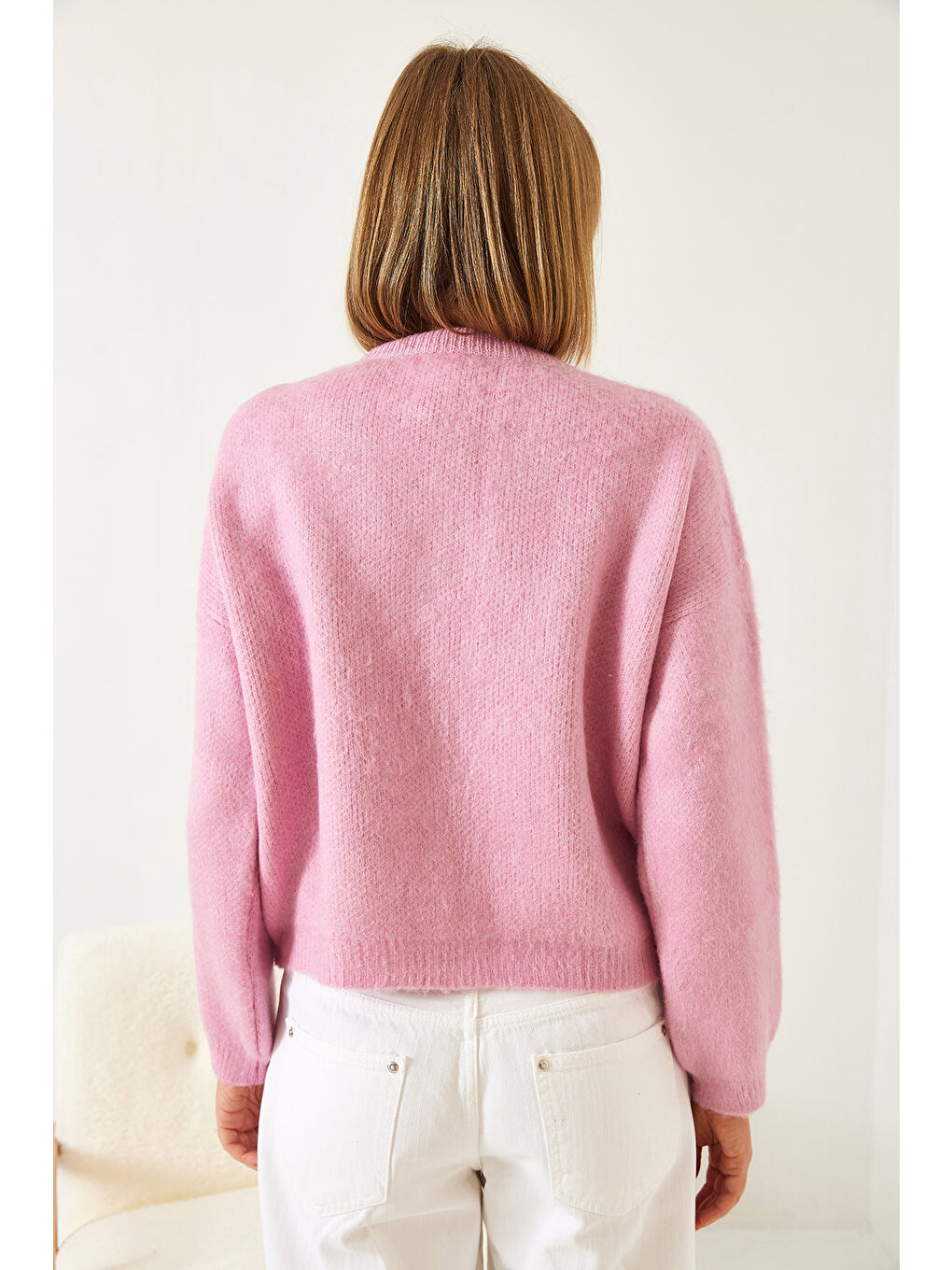 Pembe Kadın Yakası Taşlı Şardonlu Triko Hırka-5