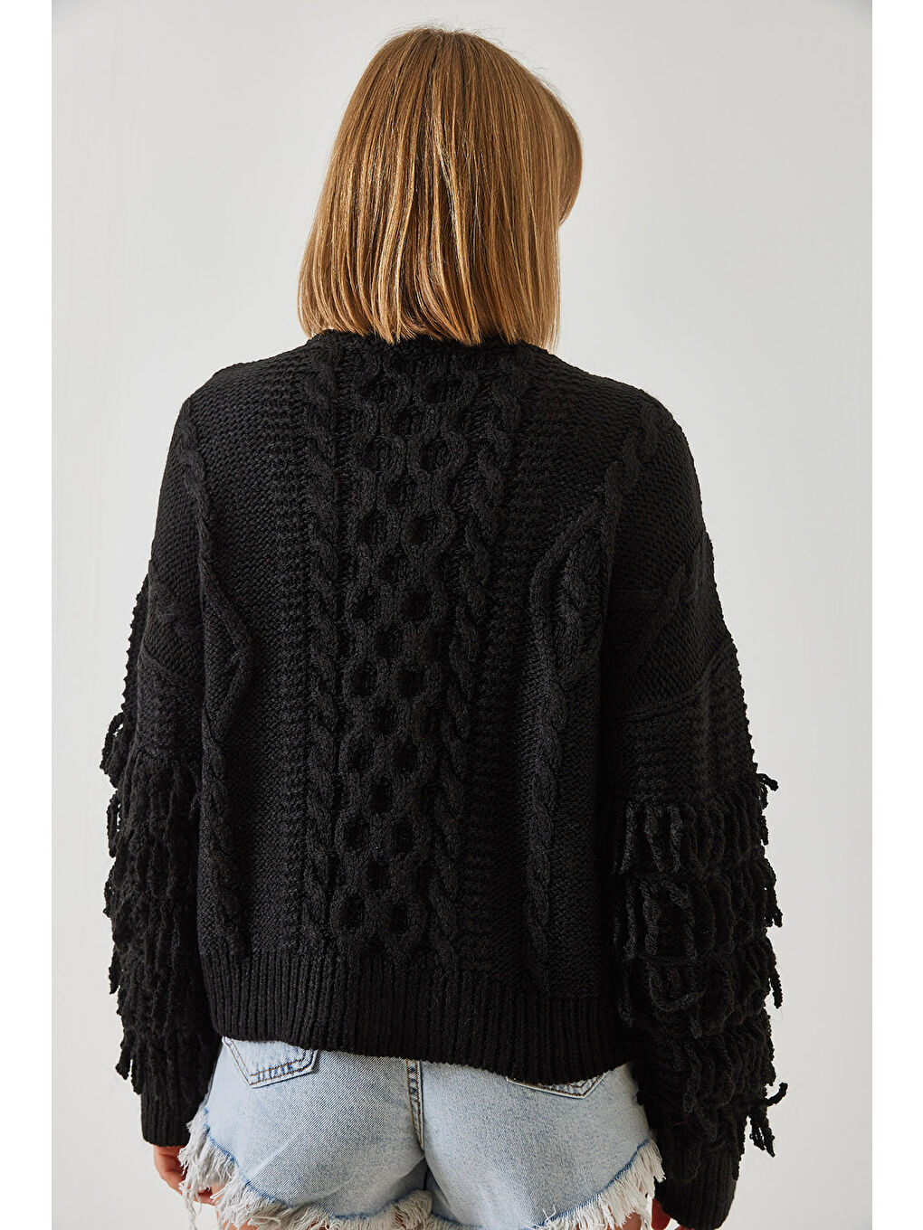 Siyah Kadın Saç Örgülü Saçaklı Triko Kazak-2