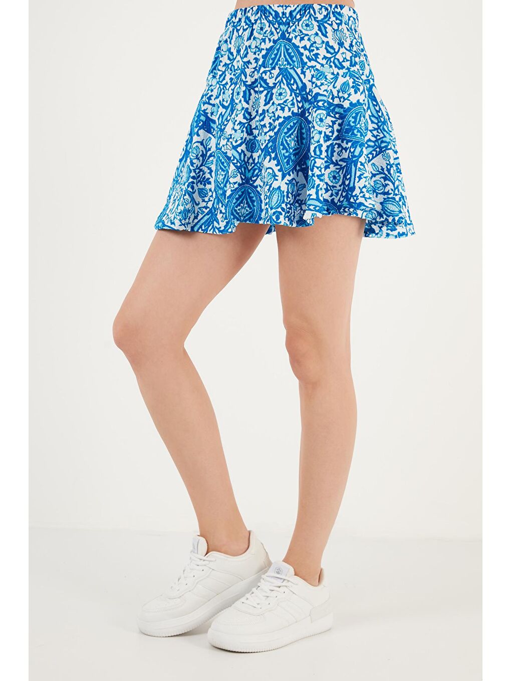 Mavi Desenli Beli Lastikli Mini Şort Etek 5865118-2