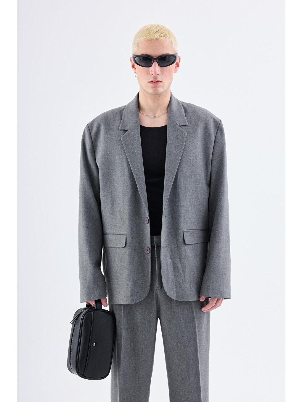 Klasik Oversize Takım Elbise Gri-4