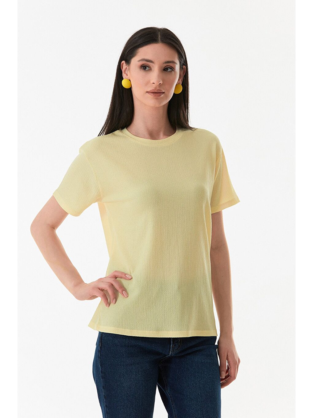 Sarı Basic Bürümcük Kumaş Tişört-2