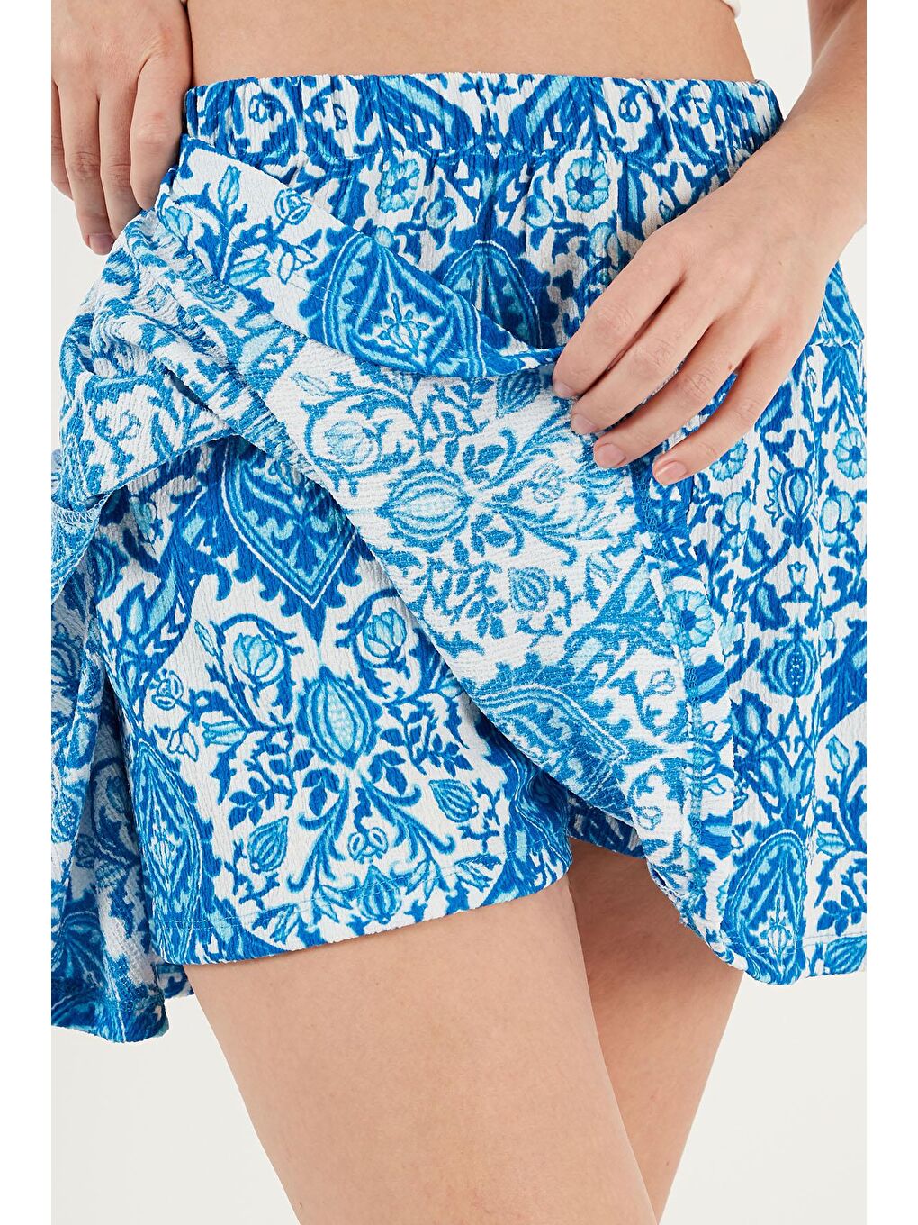 Mavi Desenli Beli Lastikli Mini Şort Etek 5865118-4