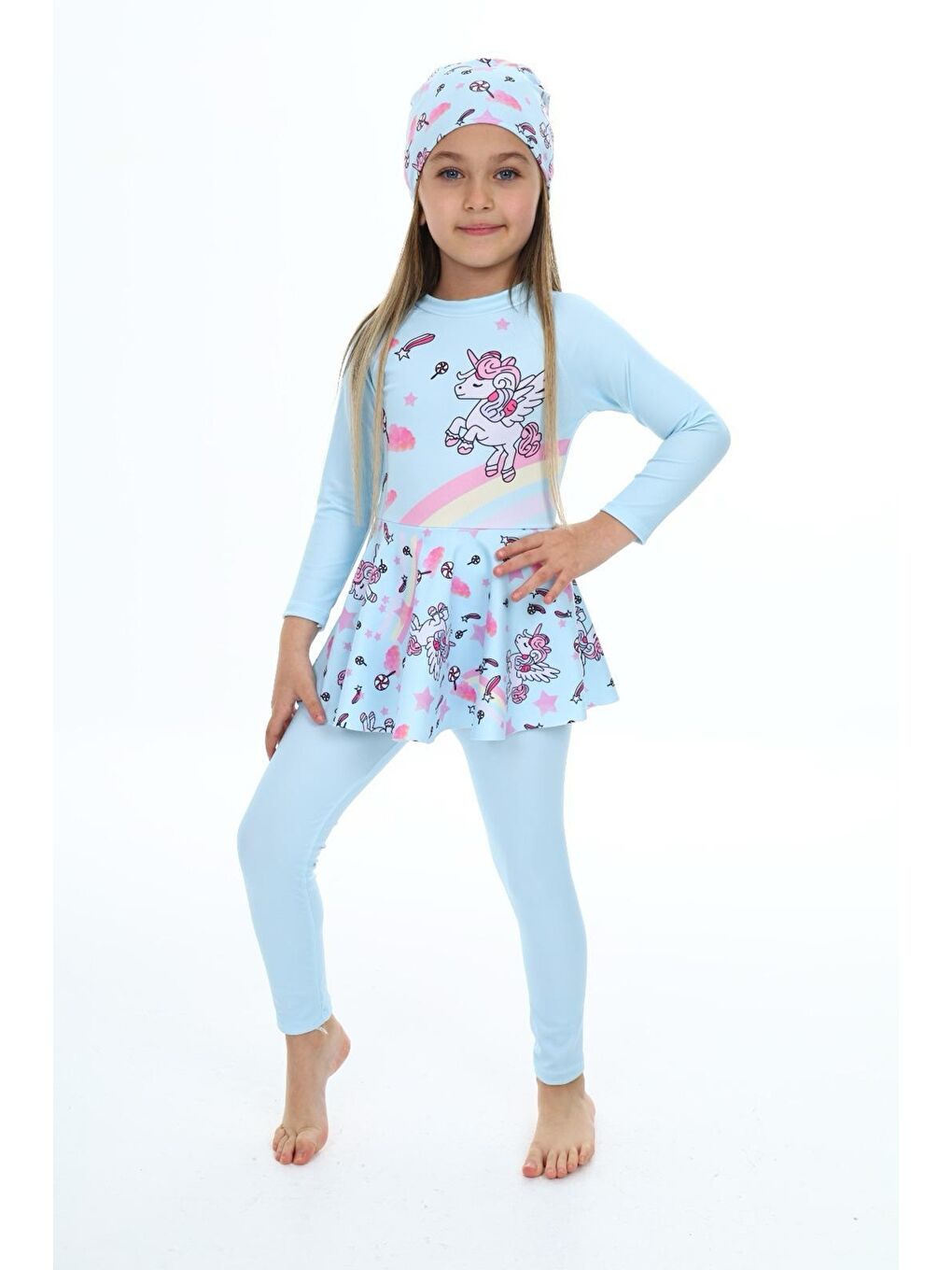 Mavi Kız Çocuk Uzun Kollu ve Etek Altlı Mayo Takımı 3-12 Yaş 12243-1