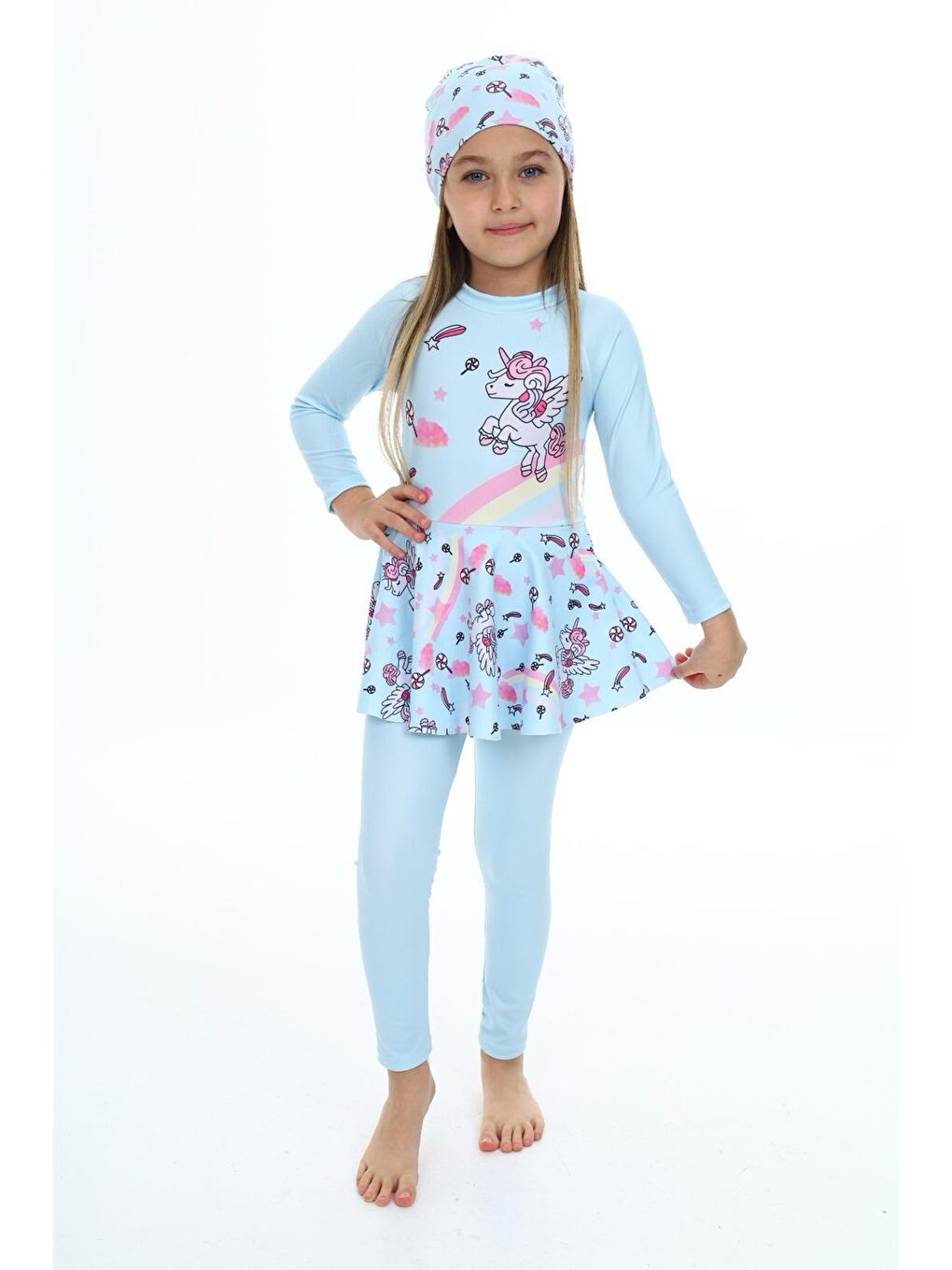 Mavi Kız Çocuk Uzun Kollu ve Etek Altlı Mayo Takımı 3-12 Yaş 12243-2