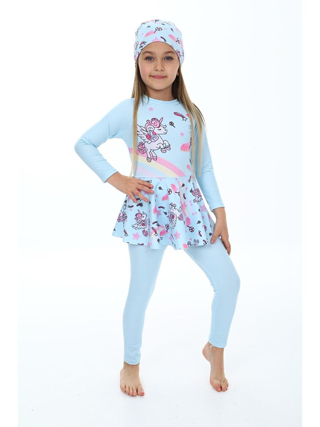 Mavi Kız Çocuk Uzun Kollu ve Etek Altlı Mayo Takımı 3-12 Yaş 12243-3