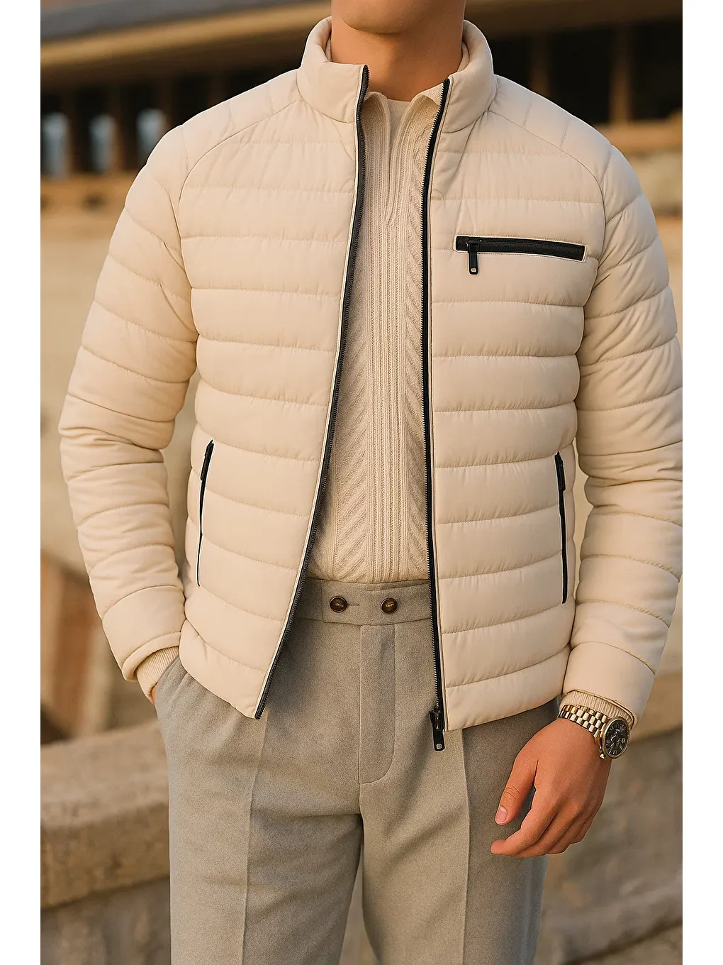 Ekru Erkek Kışlık Comfort Trend Günlük Krem Şişme Mont