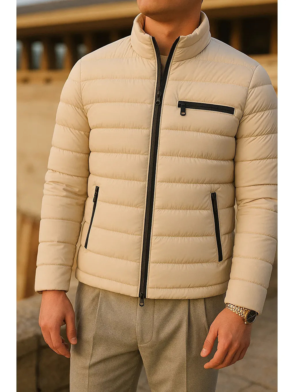 Ekru Erkek Kışlık Comfort Trend Günlük Krem Şişme Mont-1