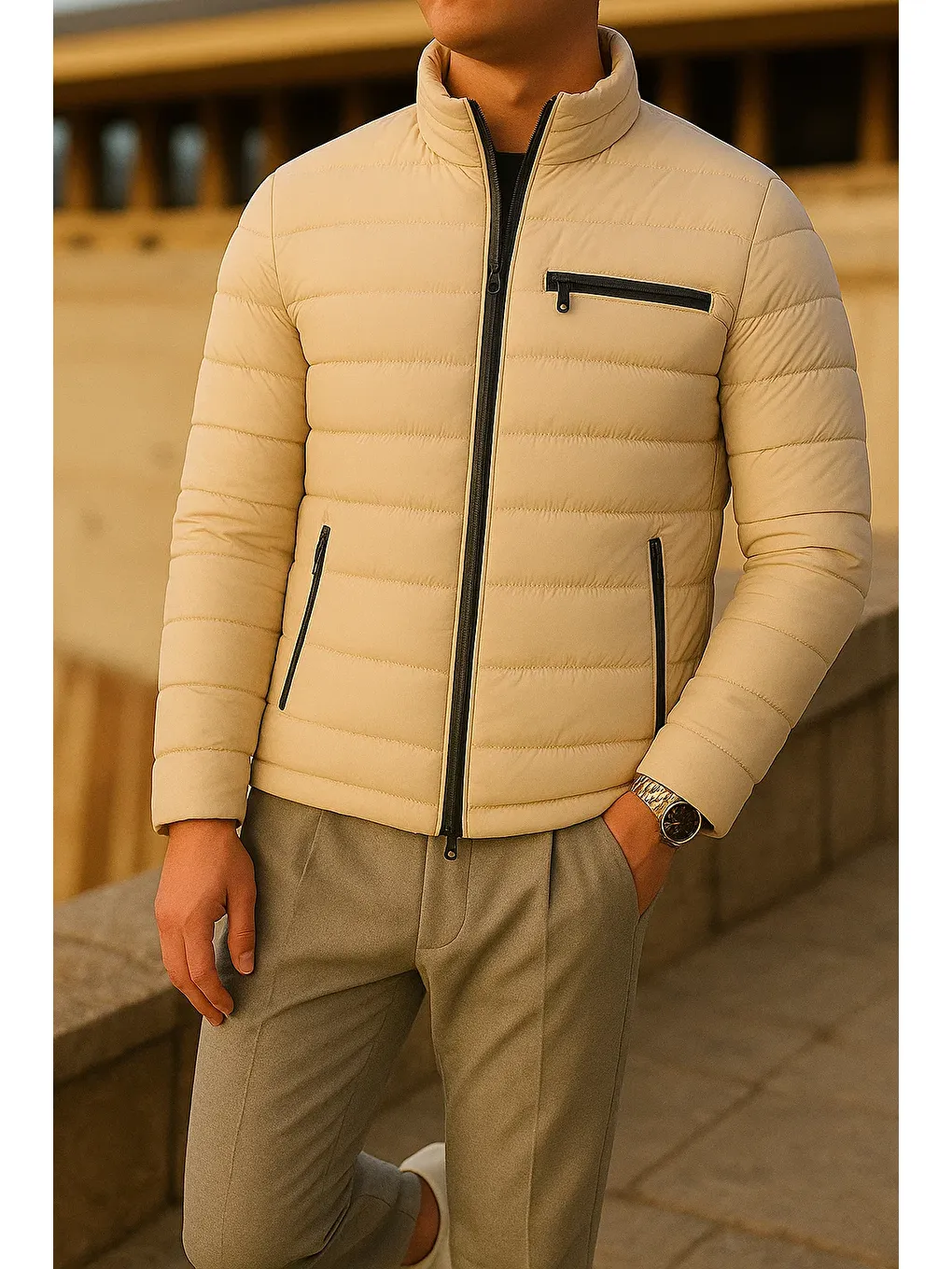 Ekru Erkek Kışlık Comfort Trend Günlük Krem Şişme Mont-2