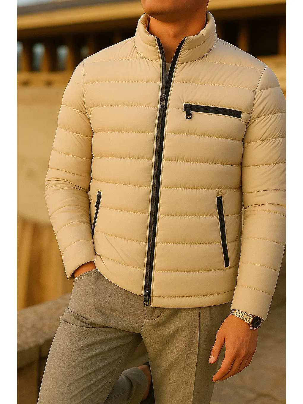 Ekru Erkek Kışlık Comfort Trend Günlük Krem Şişme Mont-3