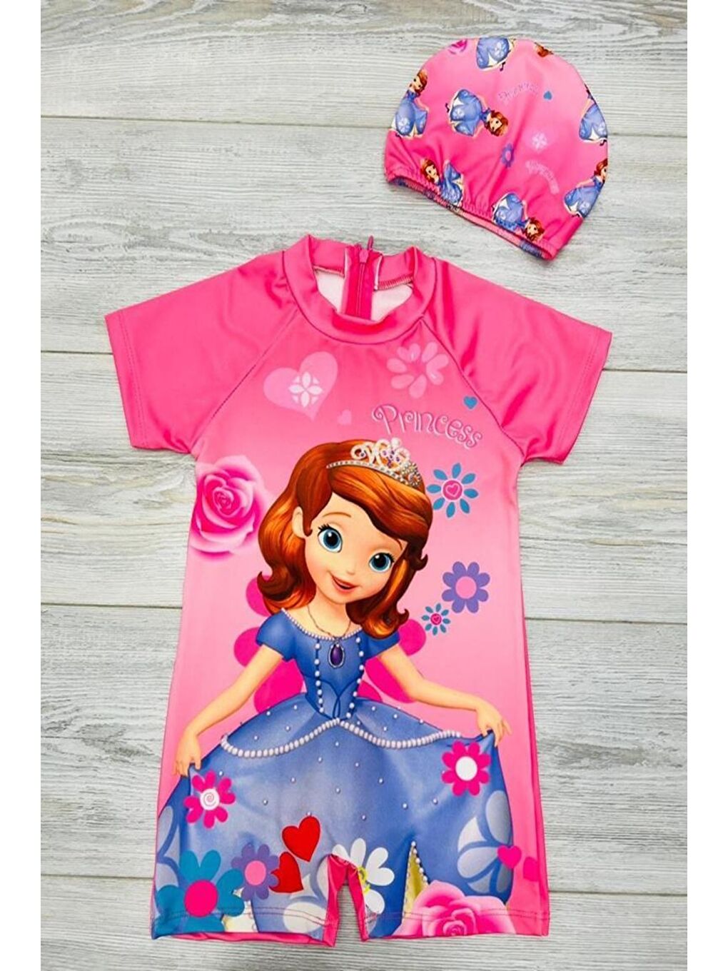 Pembe Kız Çocuk Fermuarlı Mayo Takımı 5-16 Yaş 12242