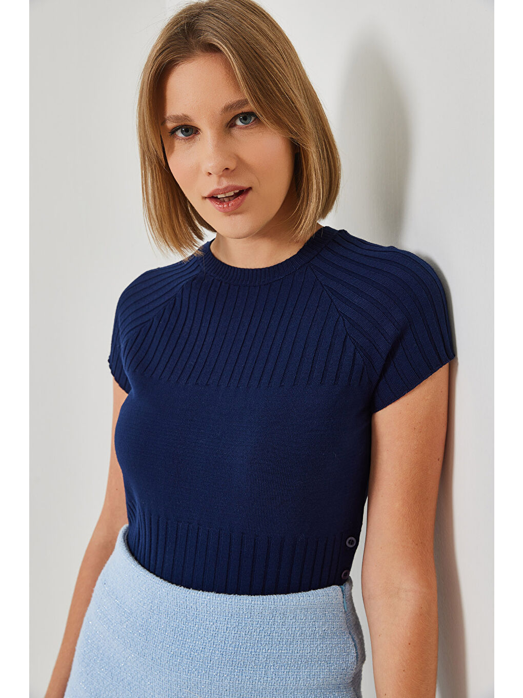 Lacivert Kadın Yandan Düğmeli Kazak-3