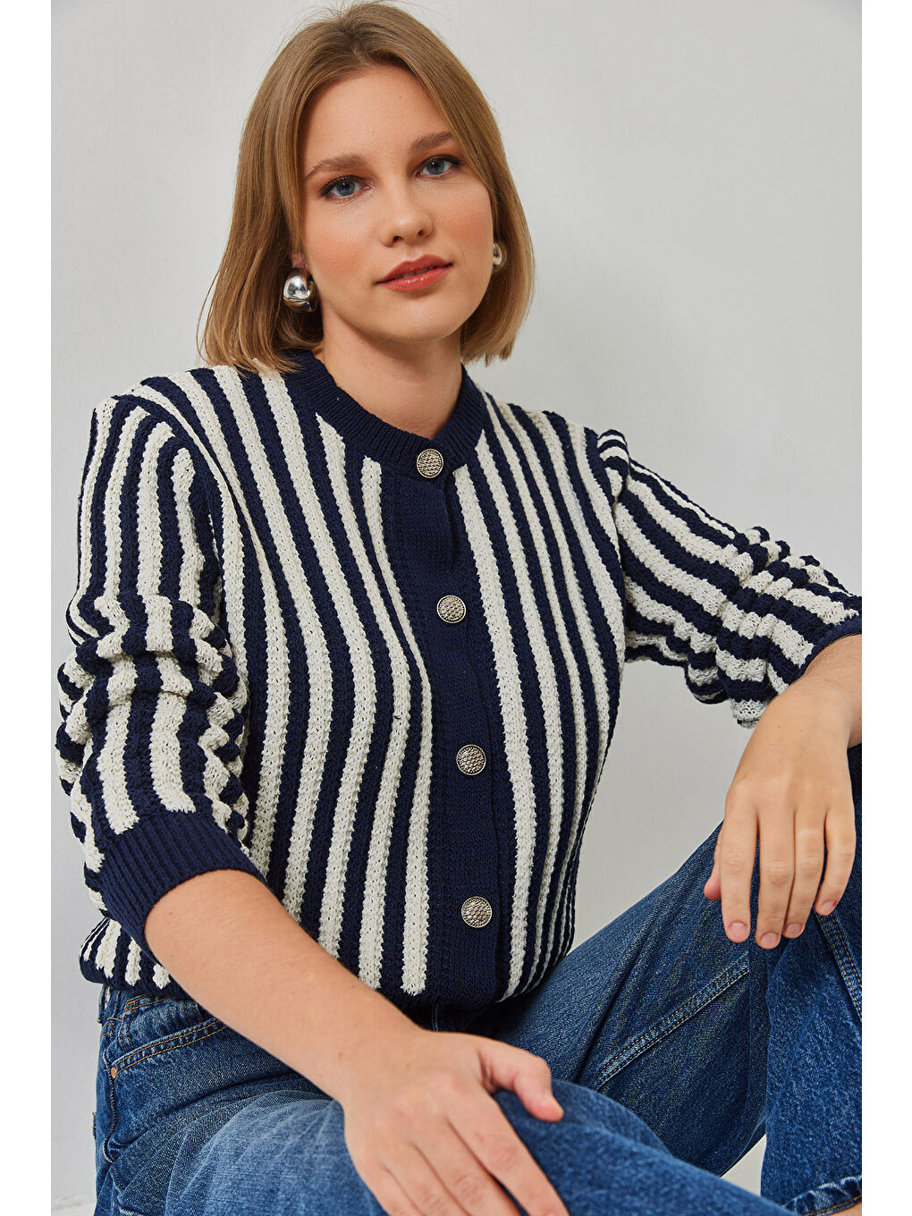 Lacivert Kadın Çizgili Triko Hırka