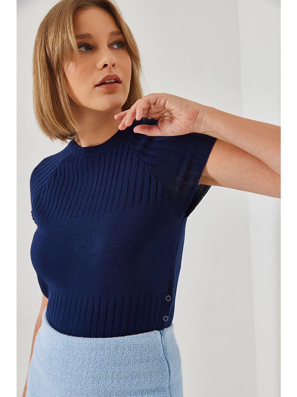 Lacivert Kadın Yandan Düğmeli Kazak-4