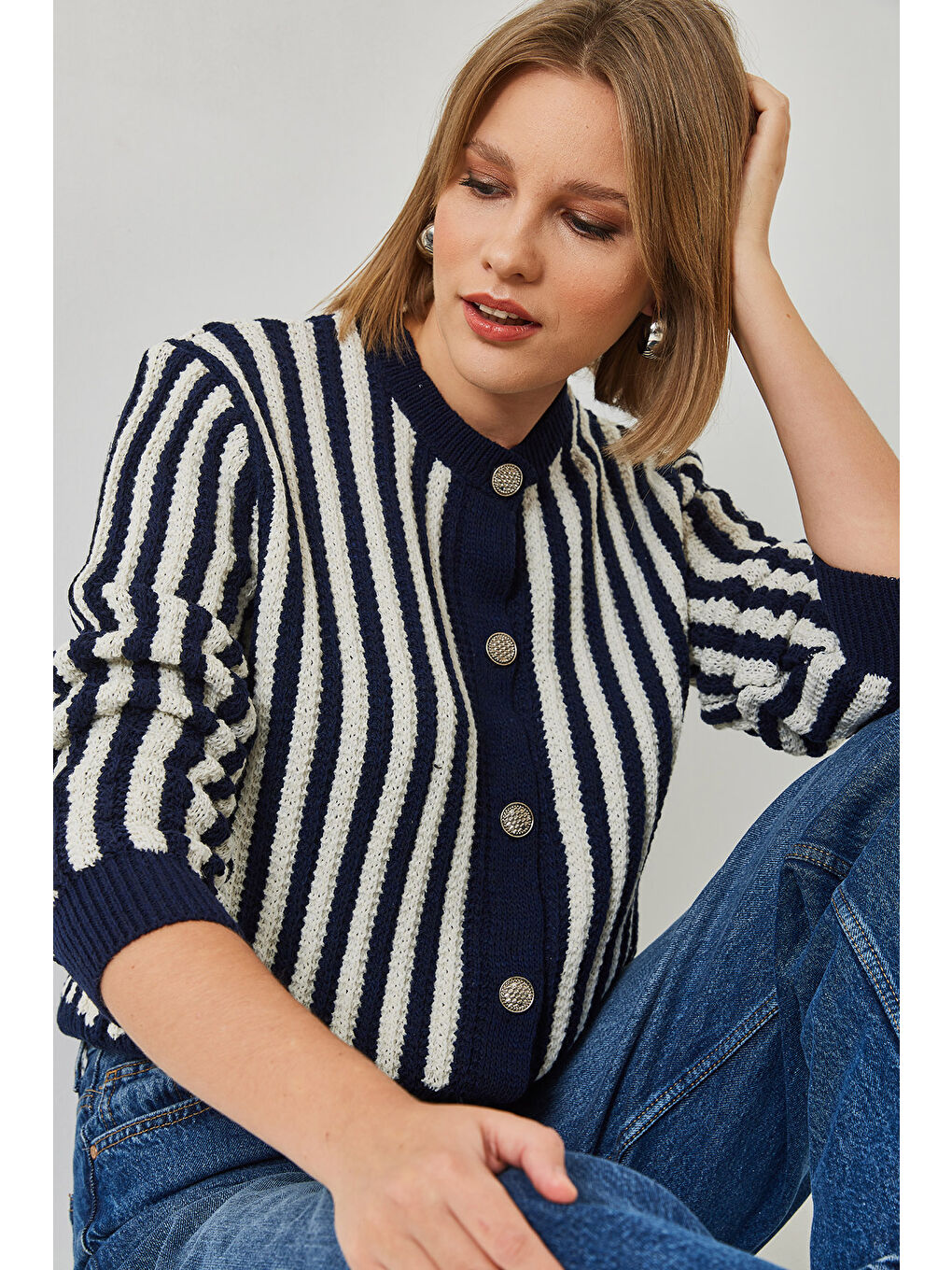 Lacivert Kadın Çizgili Triko Hırka-1