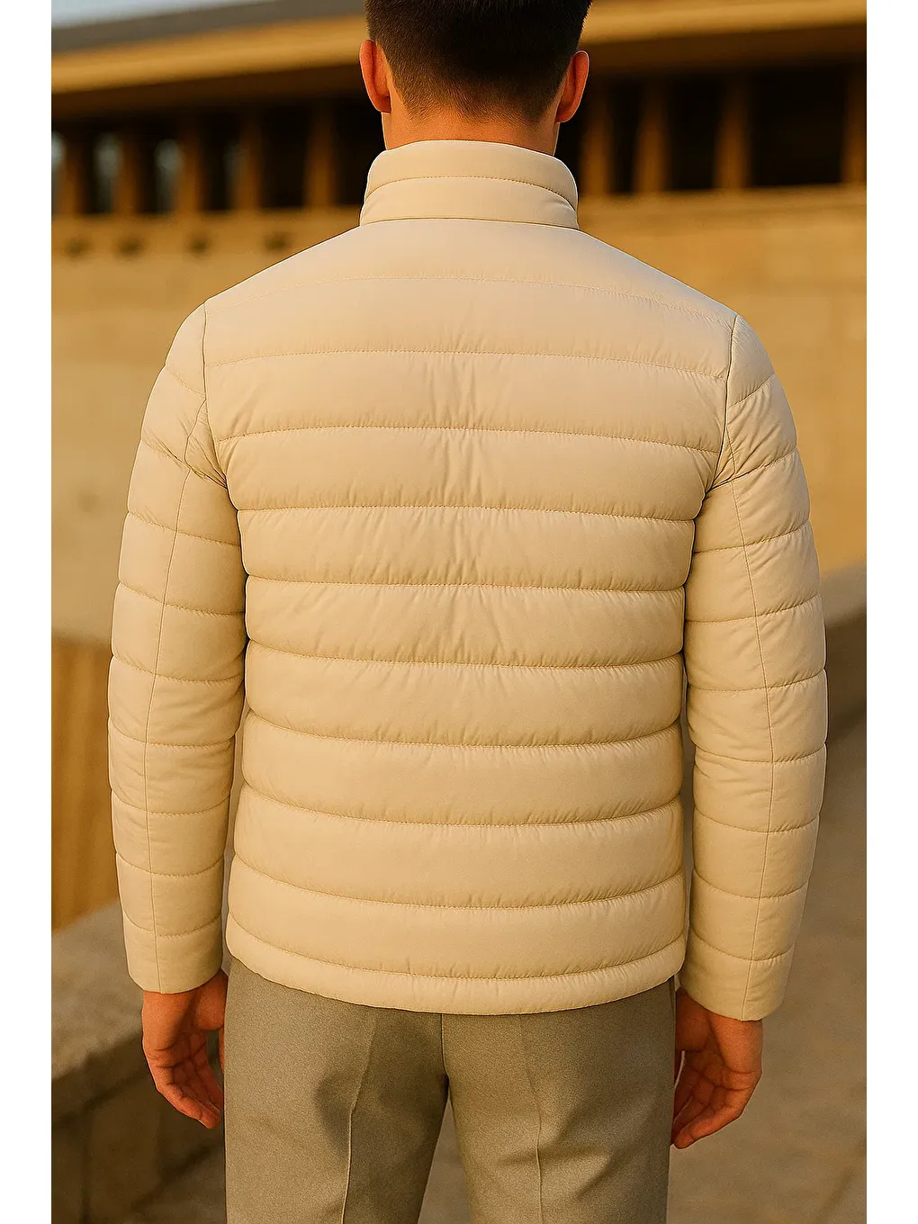 Ekru Erkek Kışlık Comfort Trend Günlük Krem Şişme Mont-5