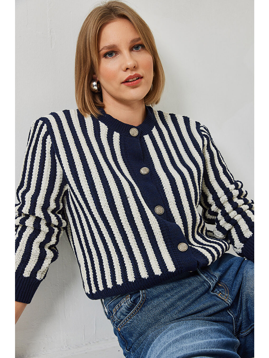Lacivert Kadın Çizgili Triko Hırka-2