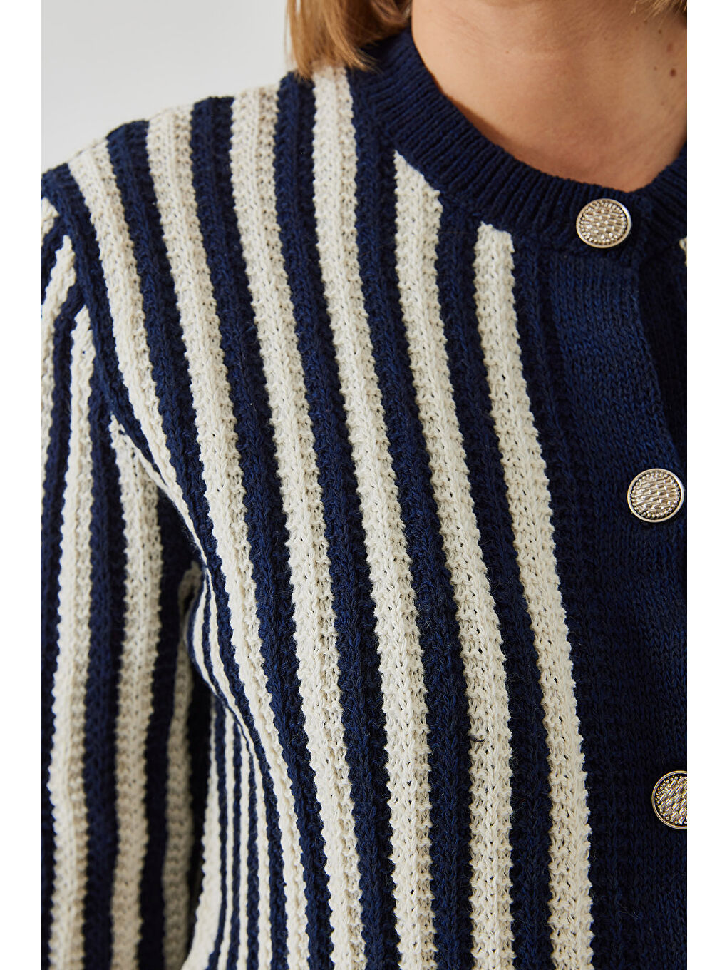 Lacivert Kadın Çizgili Triko Hırka-3