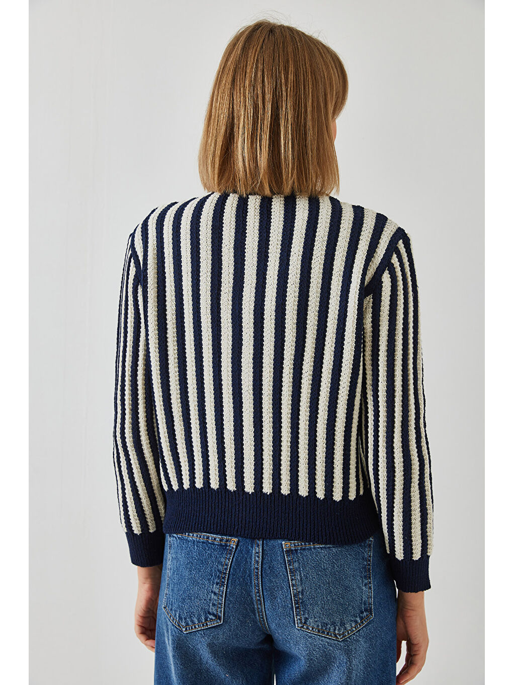 Lacivert Kadın Çizgili Triko Hırka-4