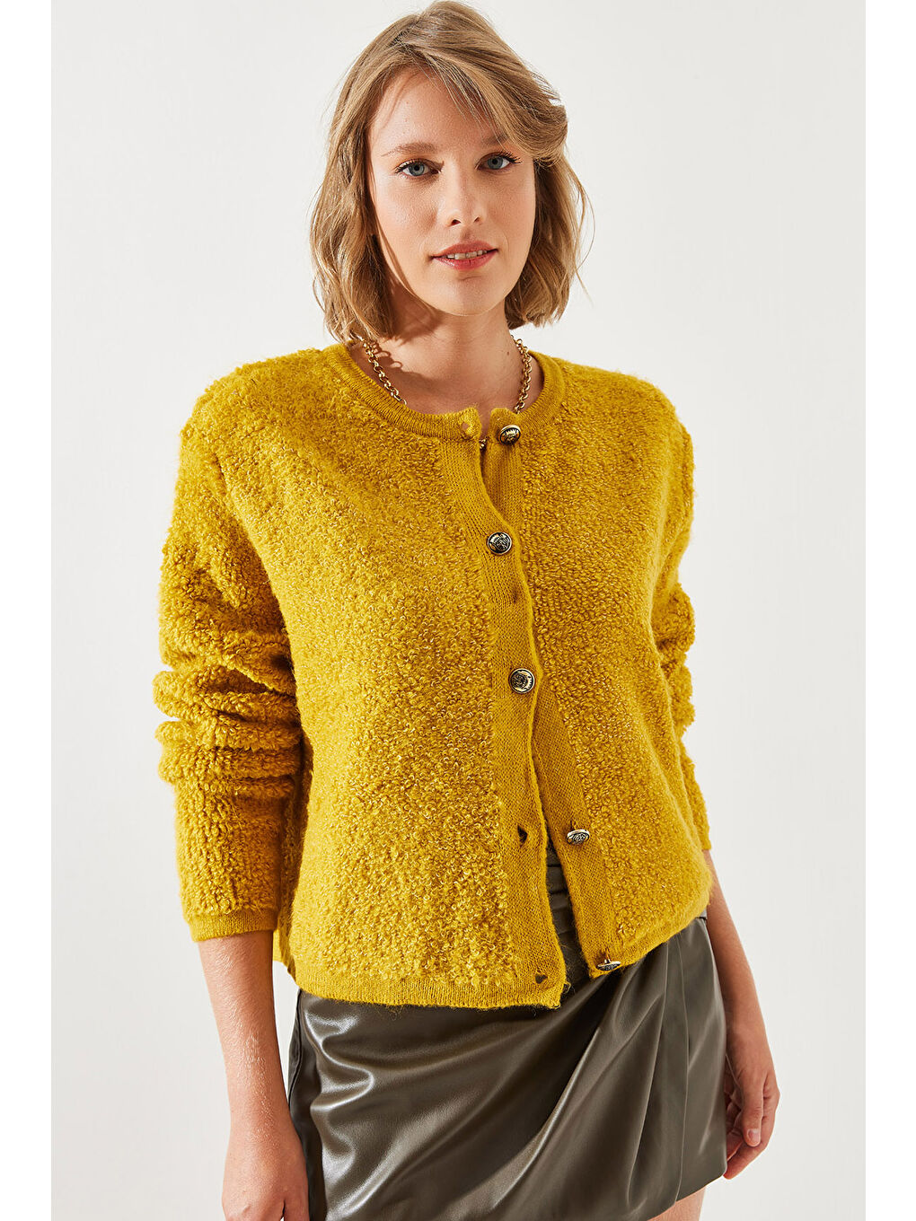 Sarı Kadın Havlu Desenli Düğmeli Hırka