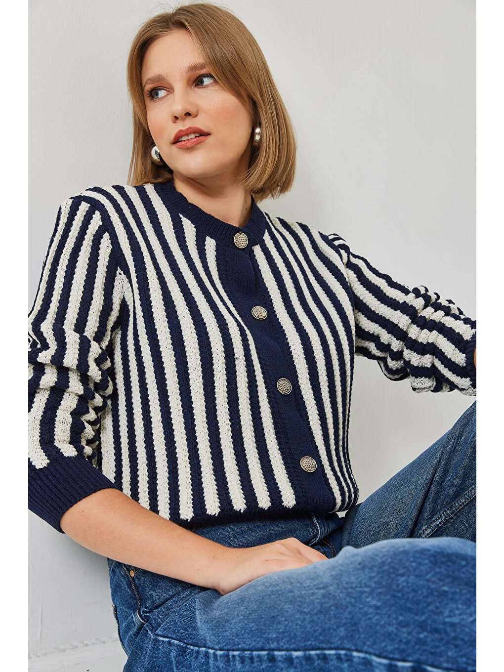 Lacivert Kadın Çizgili Triko Hırka-5