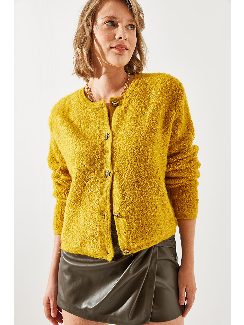 Sarı Kadın Havlu Desenli Düğmeli Hırka-1