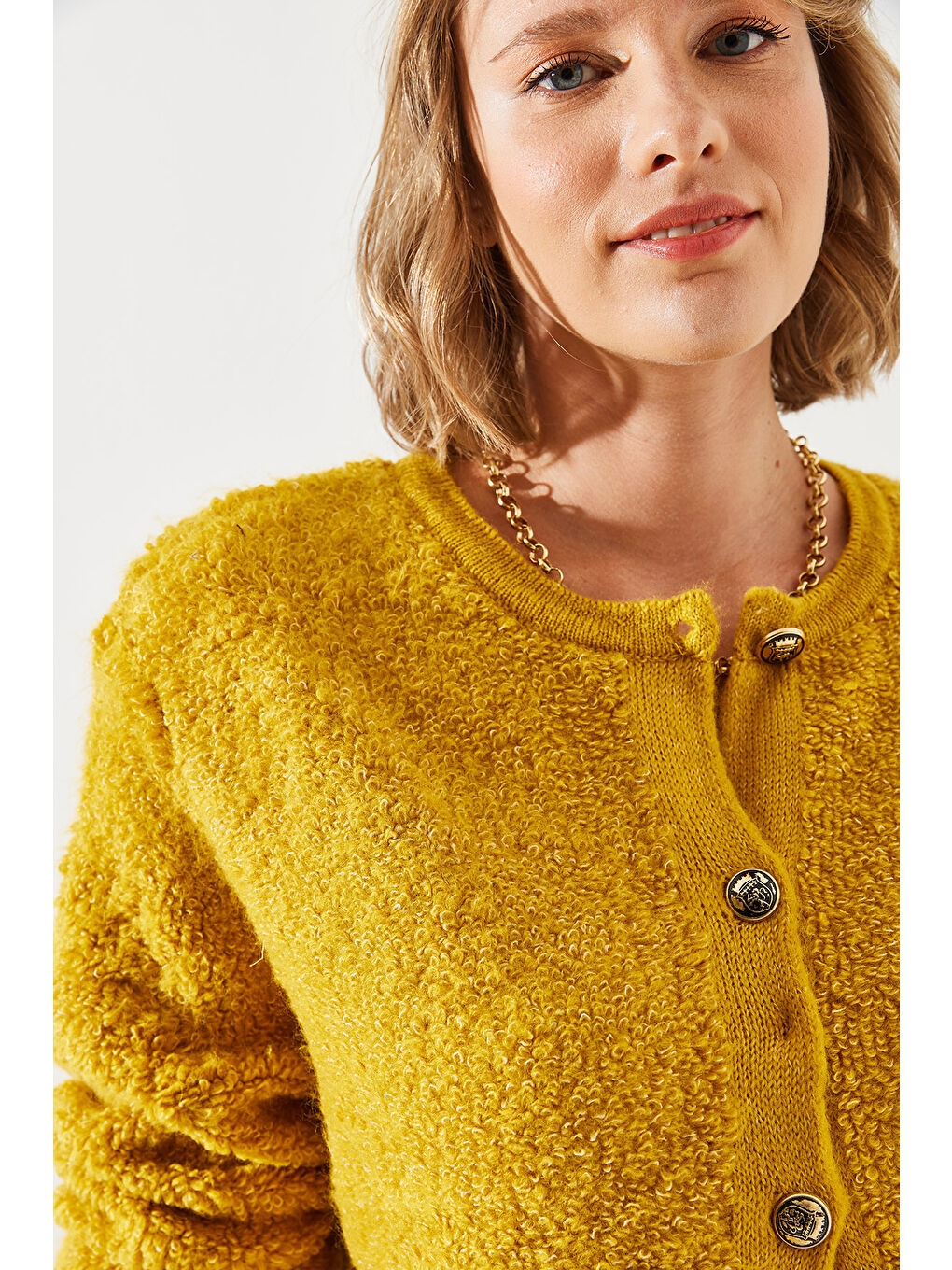 Sarı Kadın Havlu Desenli Düğmeli Hırka-2