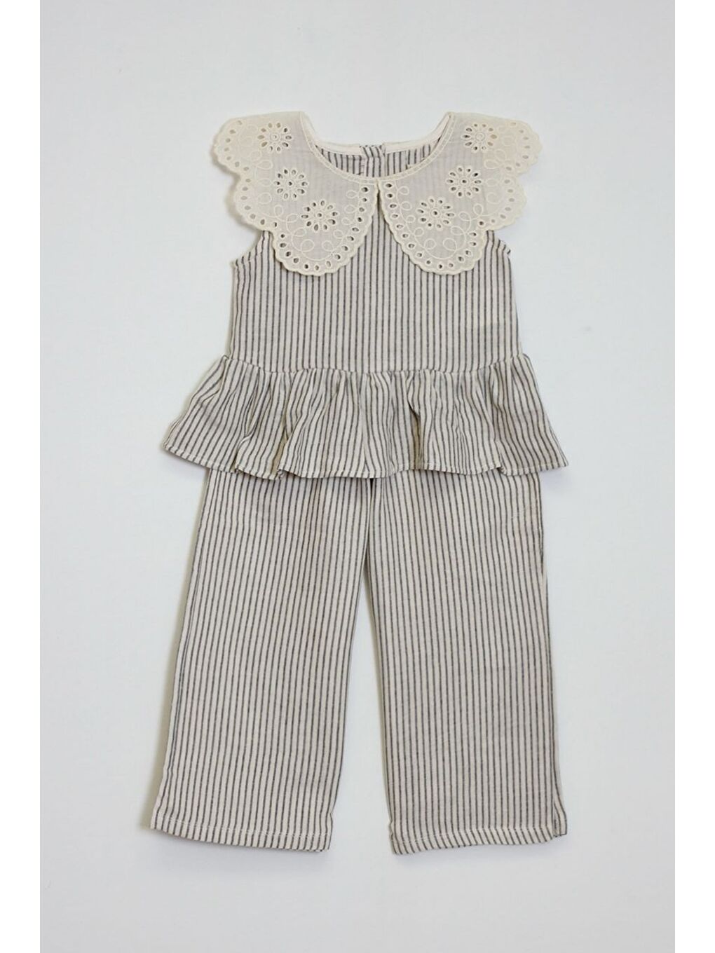 Gri Kız Çocuk Müslin Kumaş Dantel Yakalı Takım Elbise 4-10 Yaş 12240